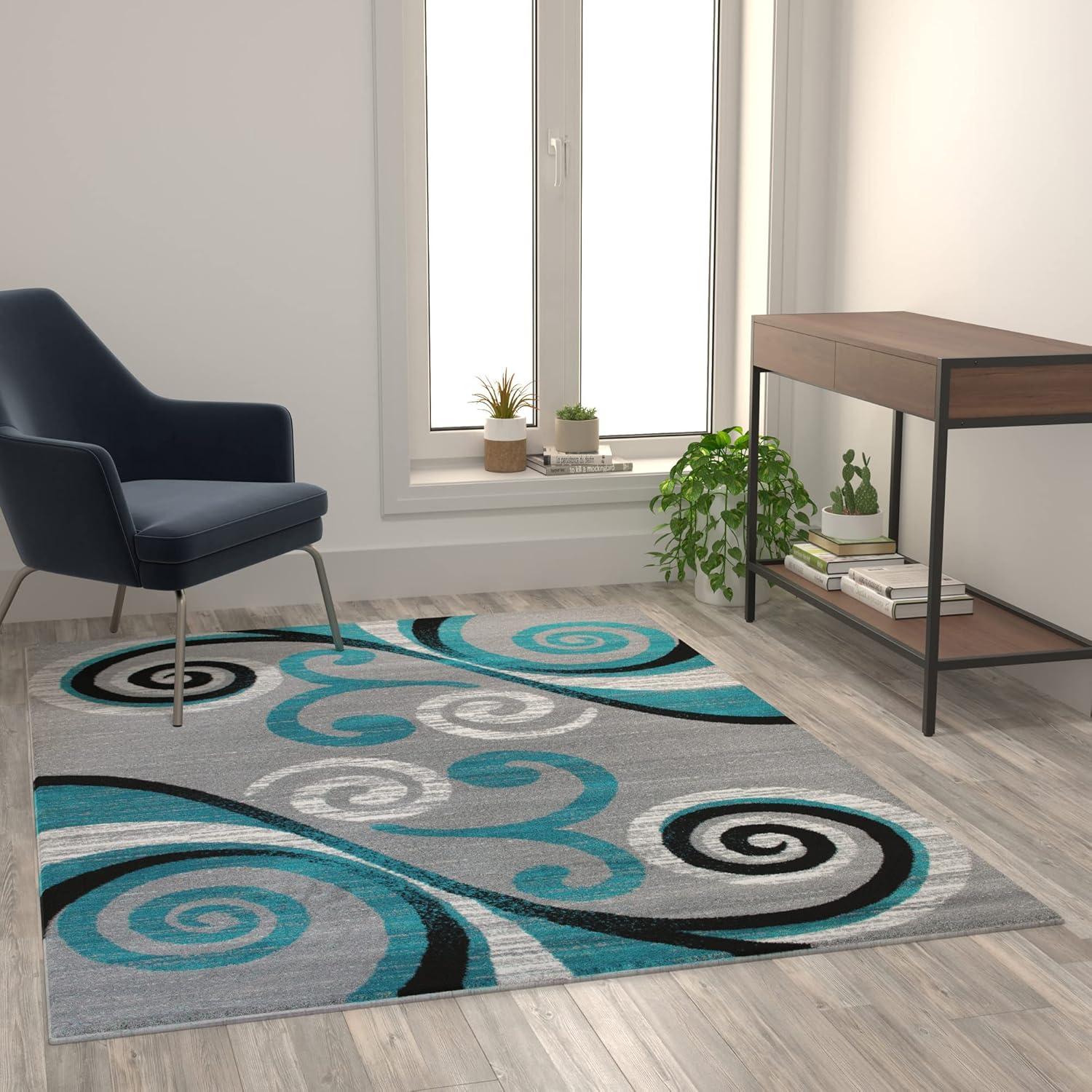 Turquoise and Gray Abstract Pattern 5' x 7' Synthetic Area Rug