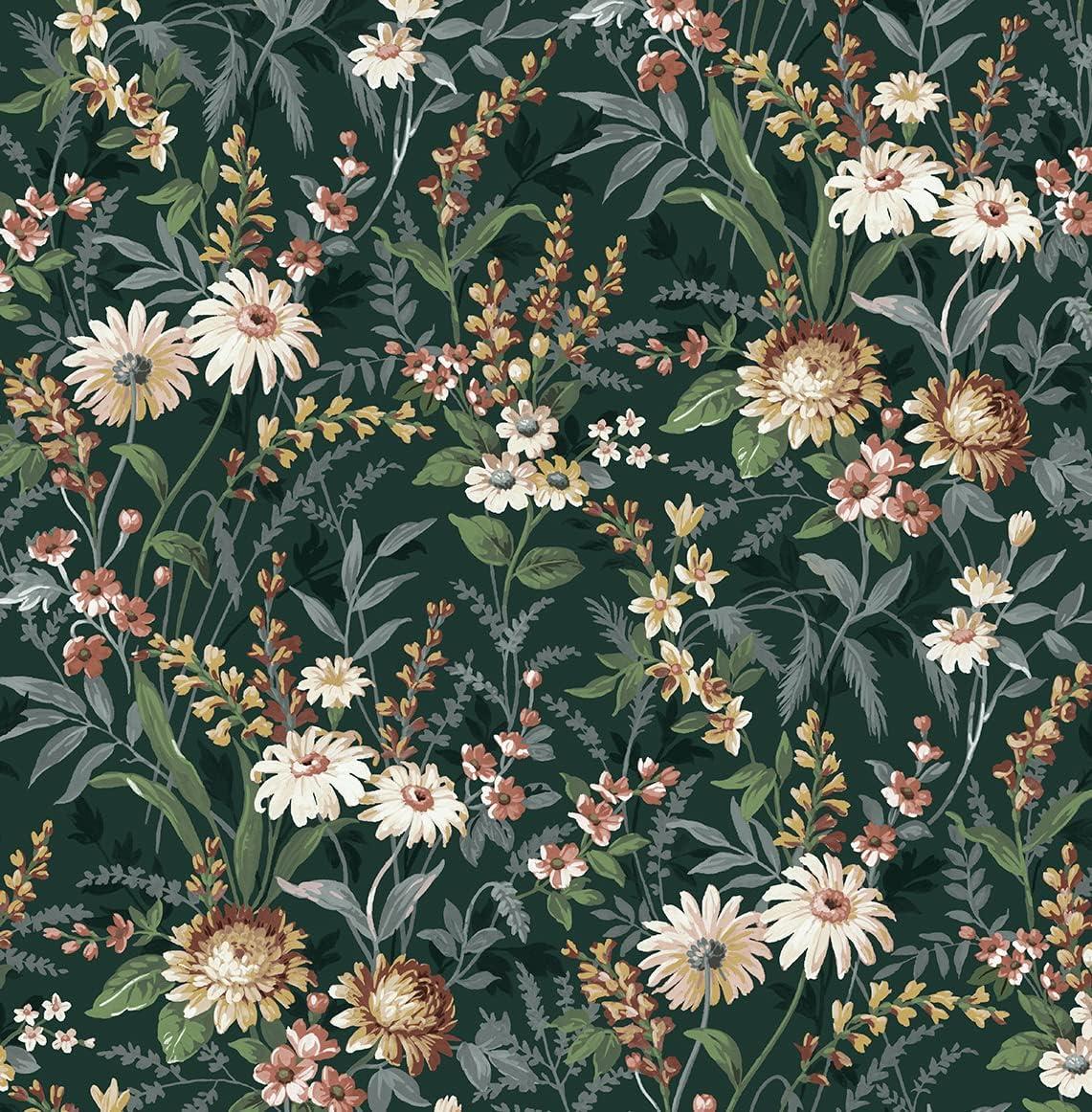 NextWall  Vintage Floral Peel and Stick Wallpaper 20.5 in. W x 18 ft. L - Forest Green