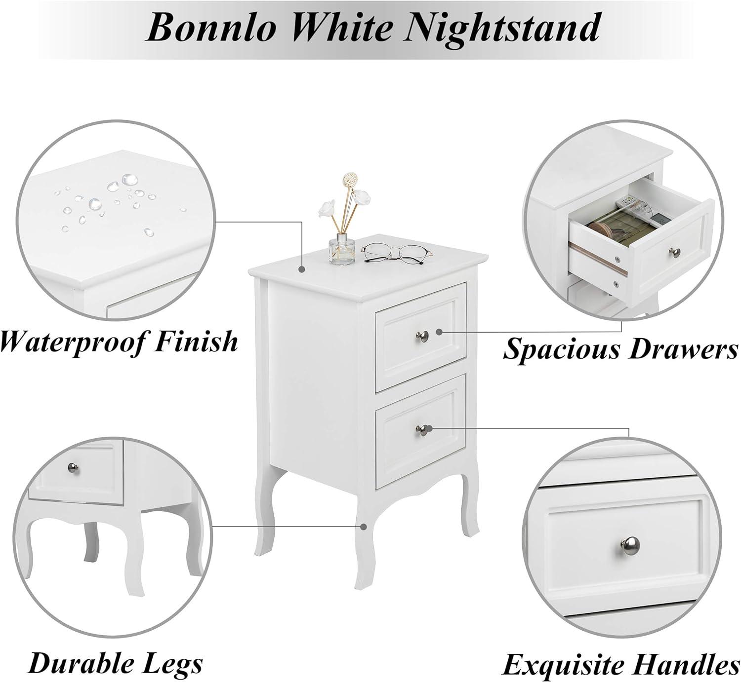 Bonnlo White Nightstand with 2 Drawers, Night Stands for Bedrooms, Small Bed Side Table/White Night Stand with Drawers for Small Spaces, College Dorm, Kids’ Room, Living Room, French, 16W x 12D x 24H