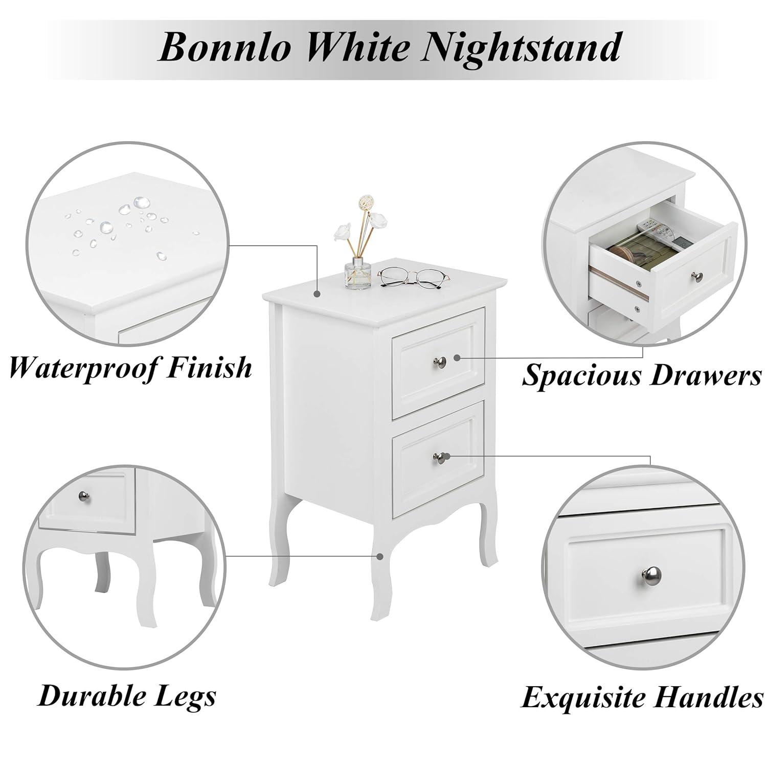 Bonnlo White Nightstand with 2 Drawers, Night Stands for Bedrooms, Small Bed Side Table/White Night Stand with Drawers for Small Spaces, College Dorm, Kids’ Room, Living Room, French, 16W x 12D x 24H