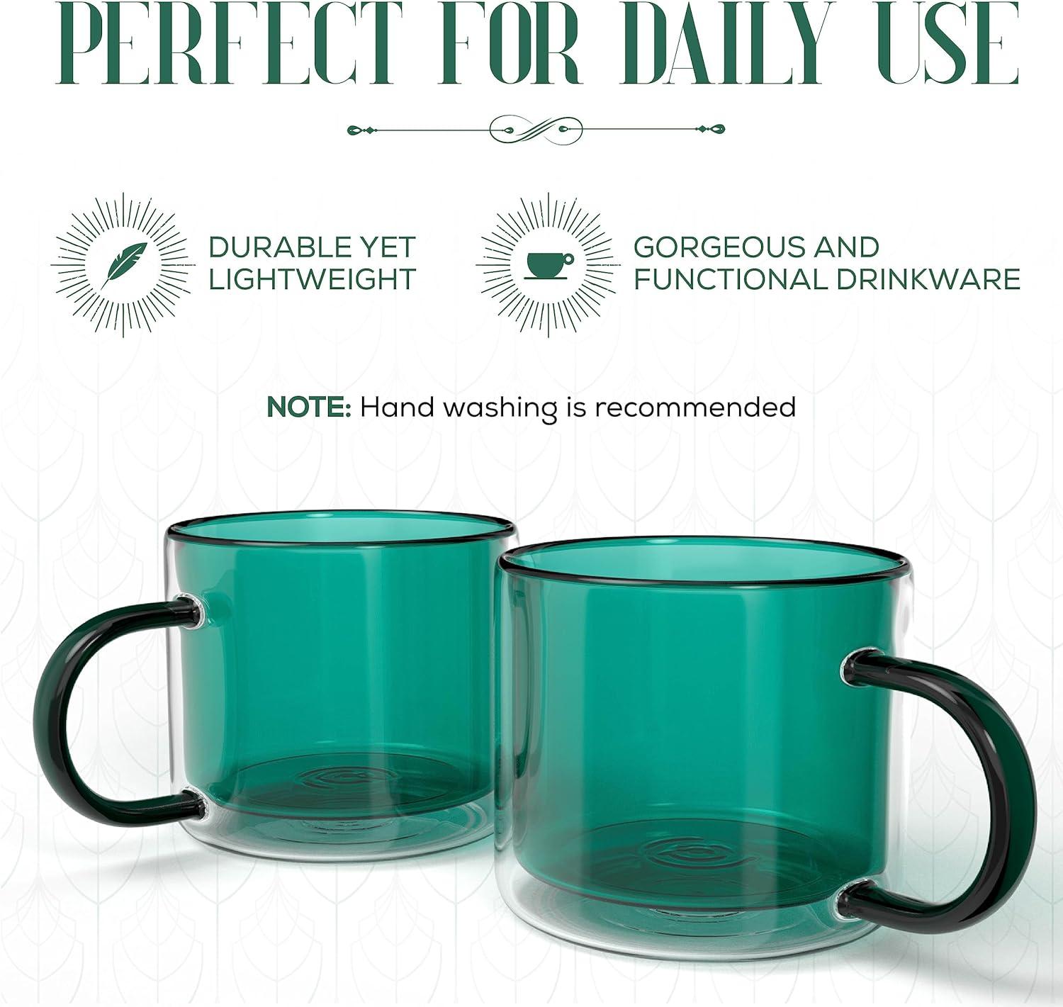 Elle Decor Double Wall Glass Mugs - Set of 2, Perfect for Coffee, Tea, and Milk, Insulated Espresso Cups with Handles, 10-Ounce Capacity