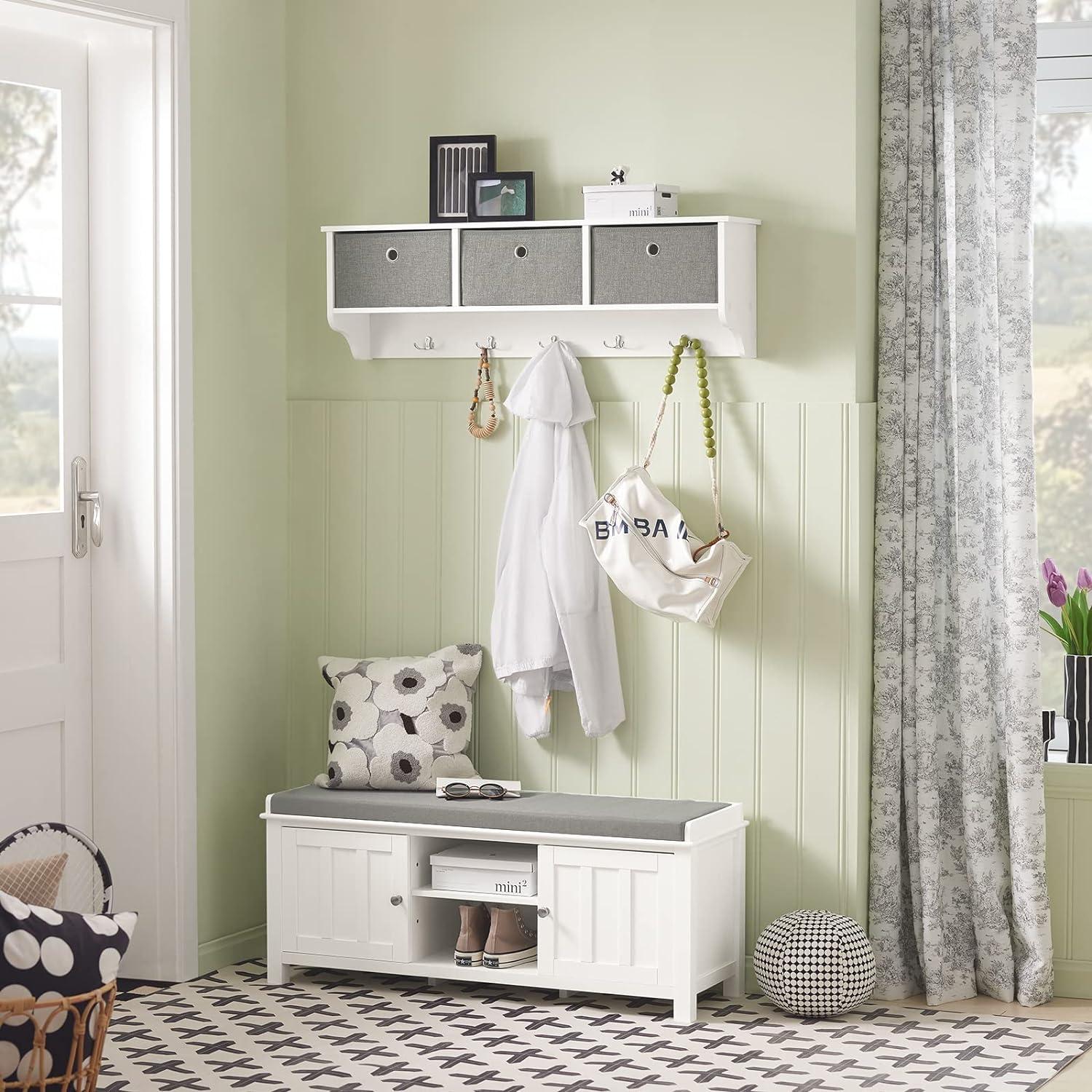 White MDF Storage Bench with Gray Cushion and Adjustable Shelves