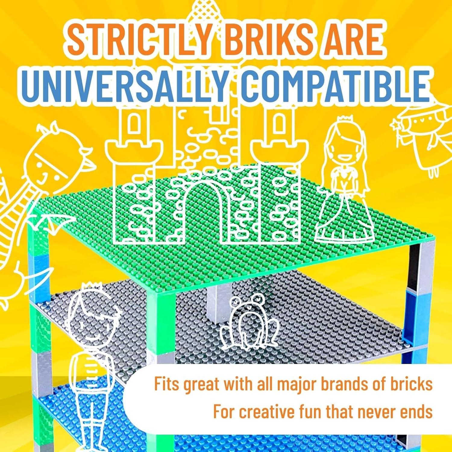 Strictly Briks Toy Building Block - Classic Baseplates 10" x 10" Brik Tower, 6 Baseplates & 50 Stackers in Blue Green & Gray, 56 Pc