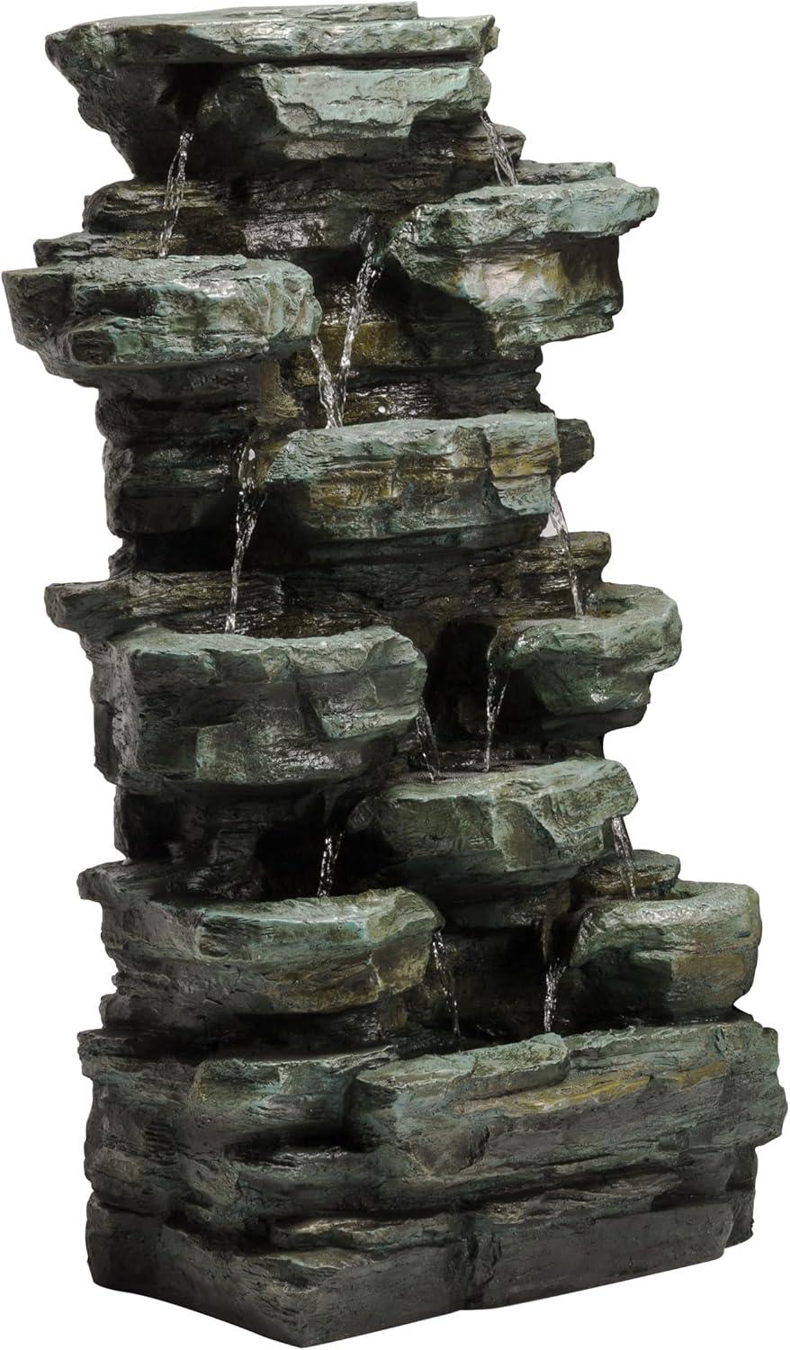 Gray Stone 39" Solar Powered Tiered Rock Fountain with LED Lights