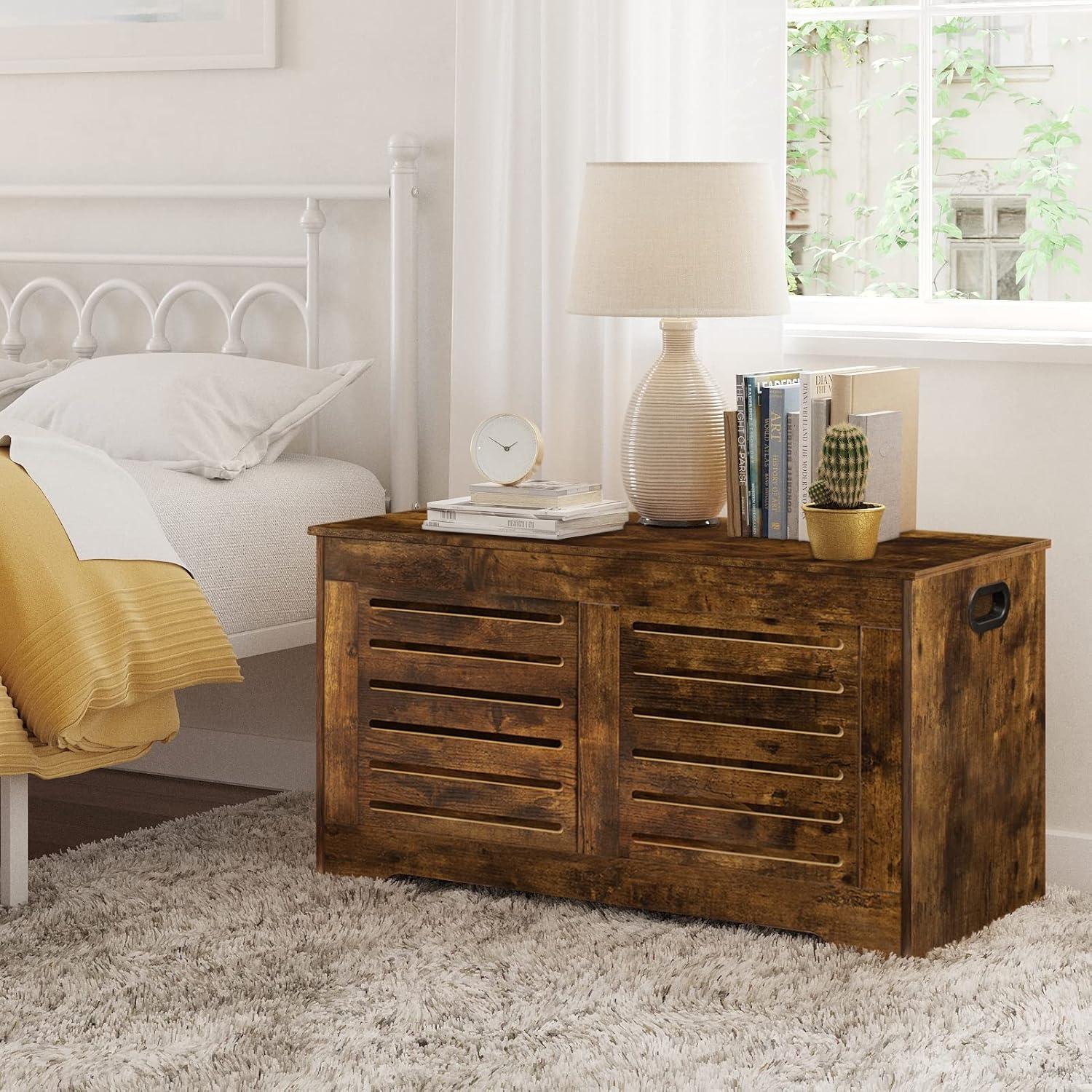 Rustic Brown Wooden Flip-Top Storage Chest with Safety Hinges