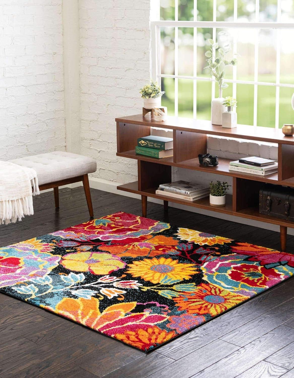 Black Floral Square Stain-Resistant Kids Rug