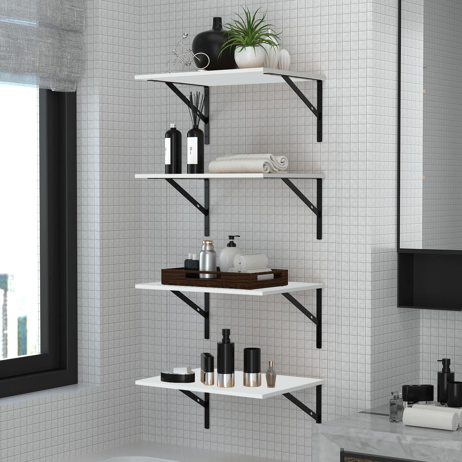 Rebrilliant Deep Floating Wall Shelves - 4 Sets Of 12 Inch Wide Wood Shelves For Bathroom, Bedroom, Kitchen, Living Room