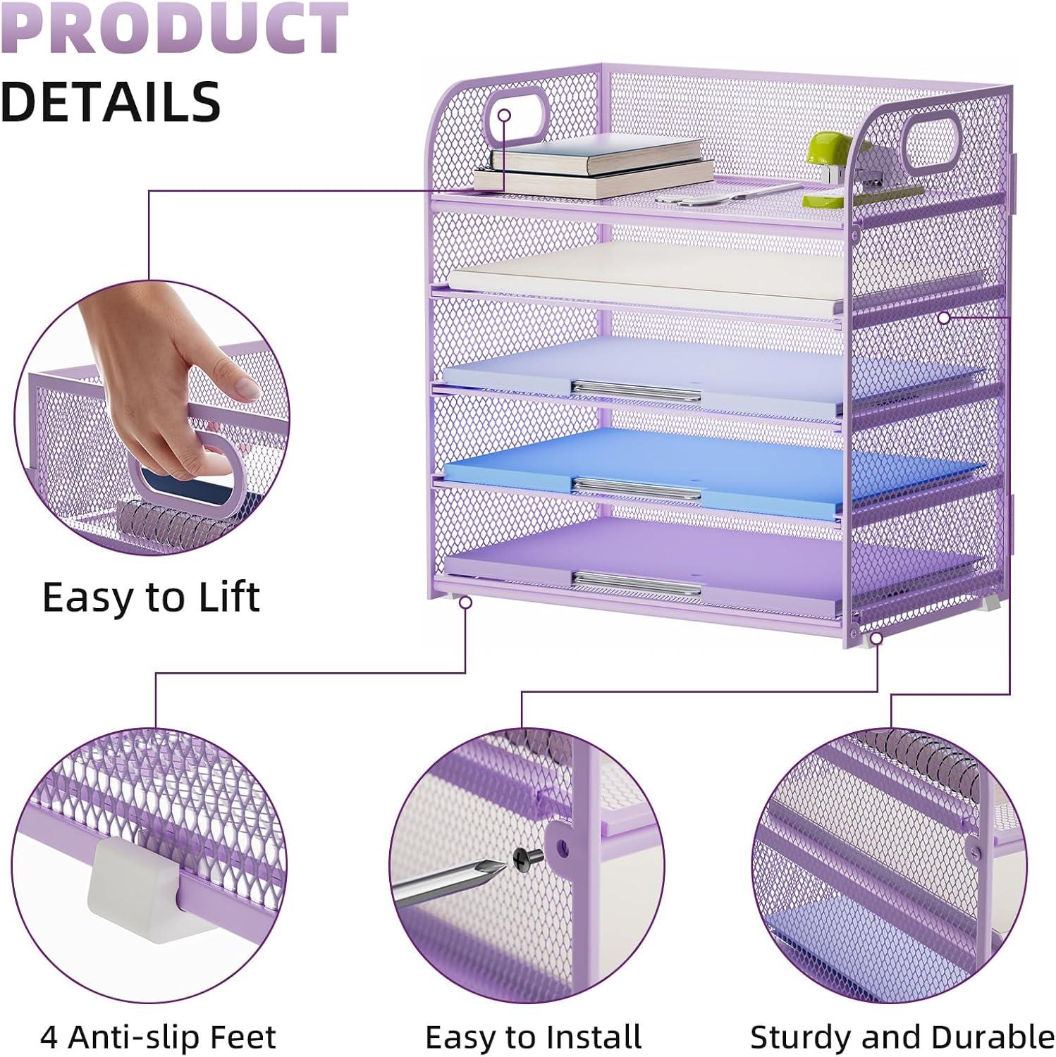 Marbrasse Paper Organizer Letter Tray, 5 Tier Mesh File Organizer with Handle, Paper Sorter Desk Organizer for Home Office Supplies - Purple
