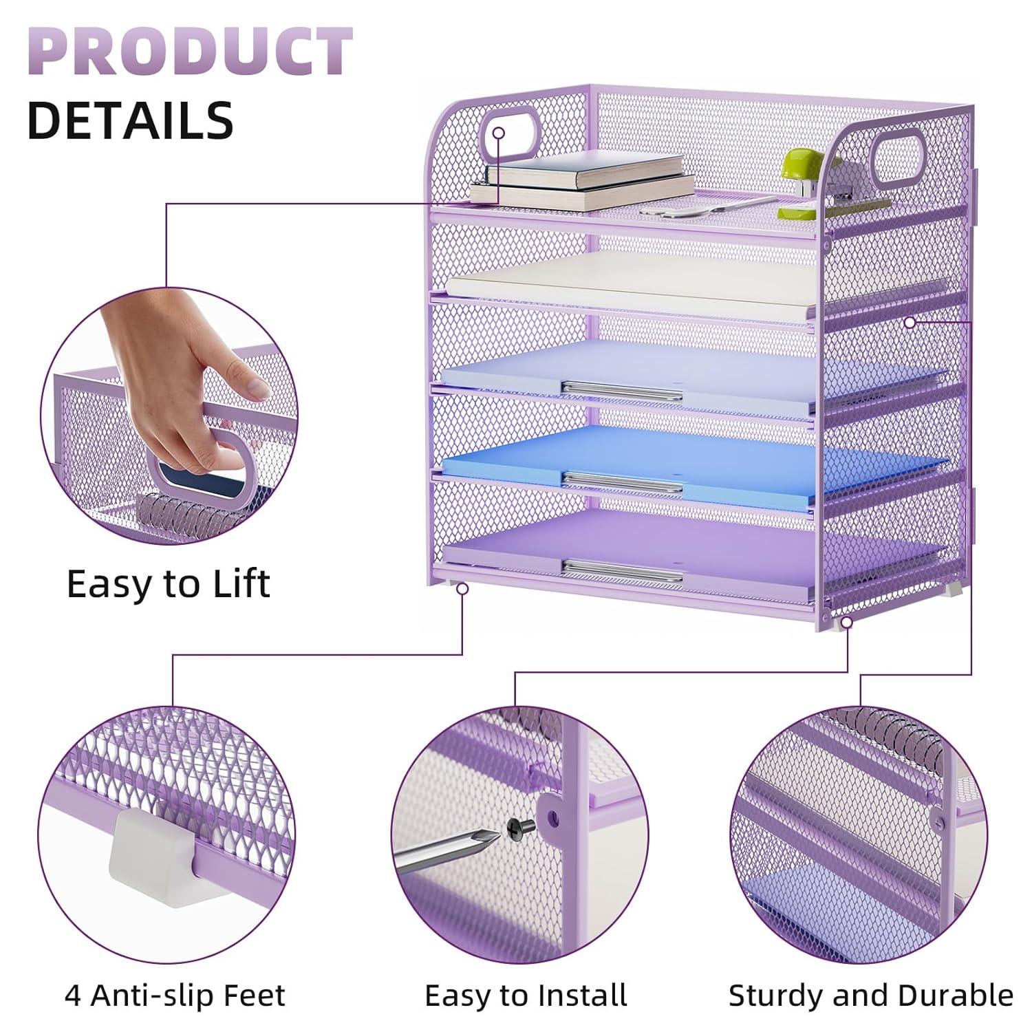Marbrasse Paper Organizer Letter Tray, 5 Tier Mesh File Organizer with Handle, Paper Sorter Desk Organizer for Home Office Supplies - Purple