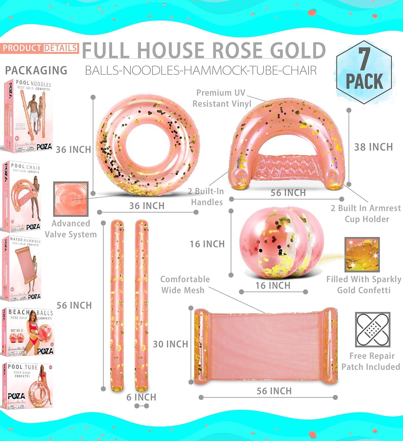 POZA Inflatable Rose Gold Full House Bundle - Premium Luxurious Sparkle Confetti 36" Pool Float Tube, 16" Beach Balls, 74" Pool Noodles, 48" Pool Chair, and 56" Water Hammock - 7 Pieces Pack