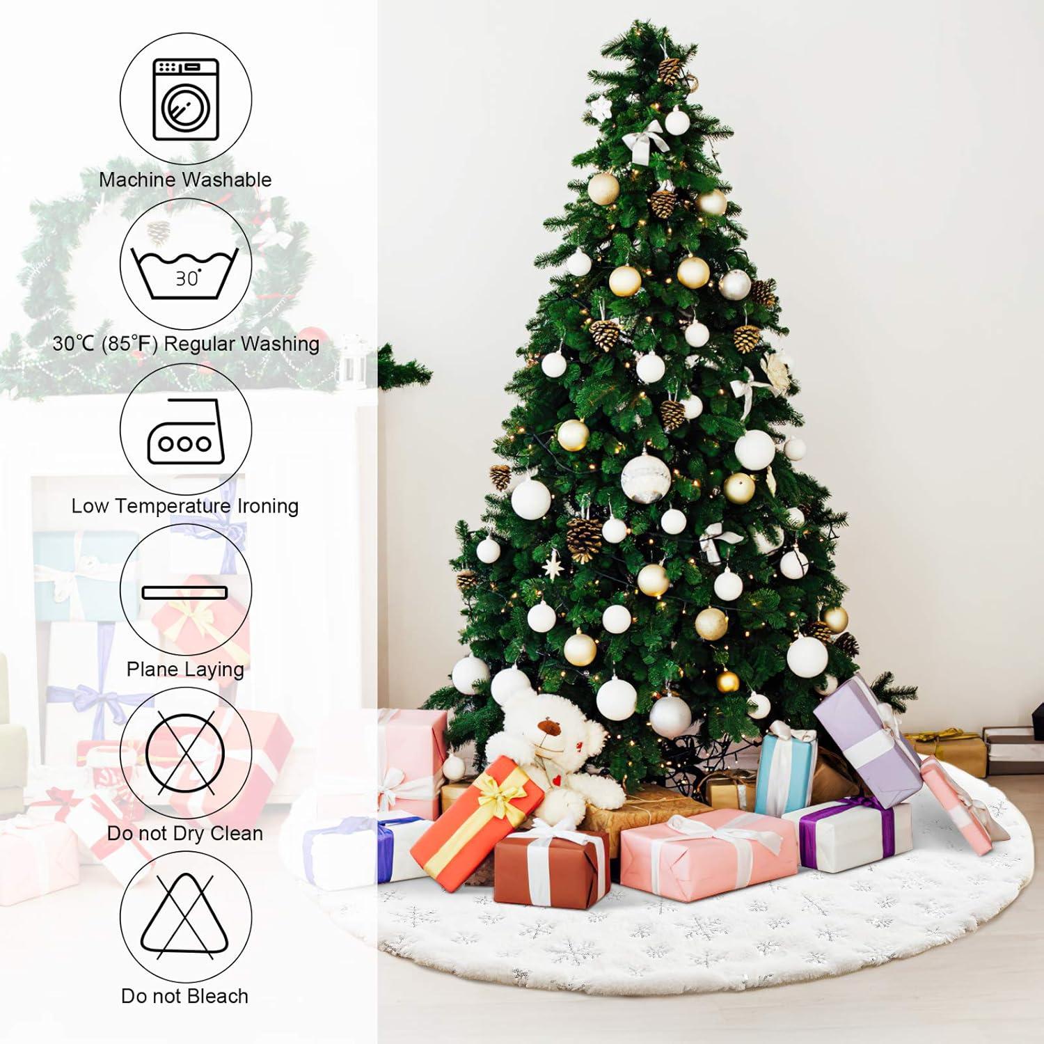 48 Inches Christmas Tree Skirt for Xmas Tree Holiday Party Decorations White Plush Silver Sequin Snowflake (Silver)