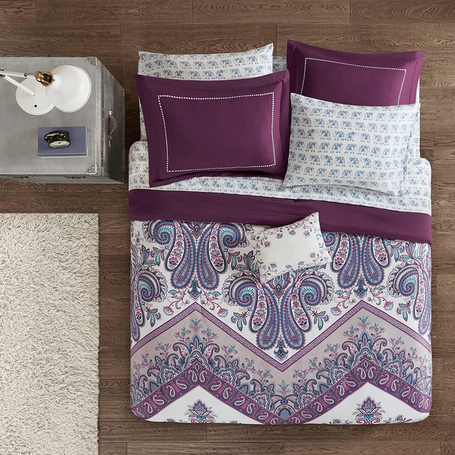 Full Purple Microfiber Reversible Boho Bed in a Bag Set