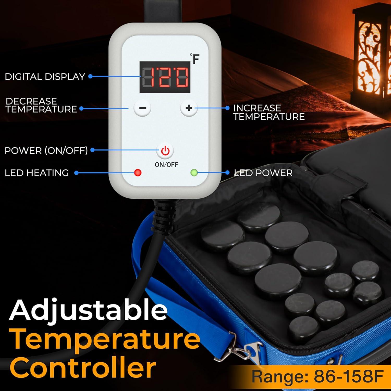 Portable Hot Stone Massage System for Relaxation with Digital Temp Controller, 12 Basalt Stones, Blue
