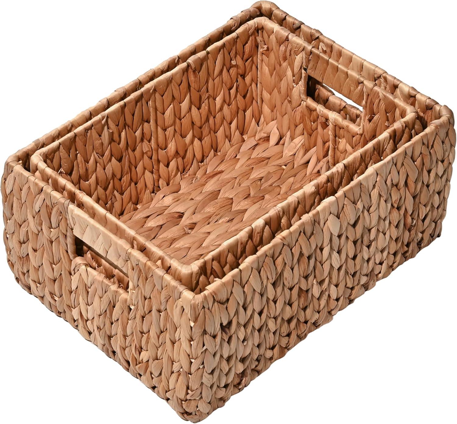 happimess Leif Rustic Minimalist Hand-Woven Hyacinth Nesting Baskets with Handles, Natural (Set of 2)