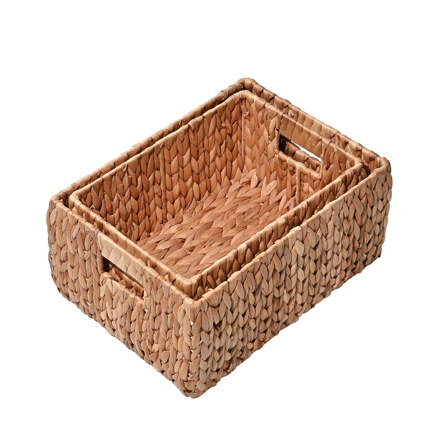 happimess Leif Rustic Minimalist Hand-Woven Hyacinth Nesting Baskets with Handles, Natural (Set of 2)
