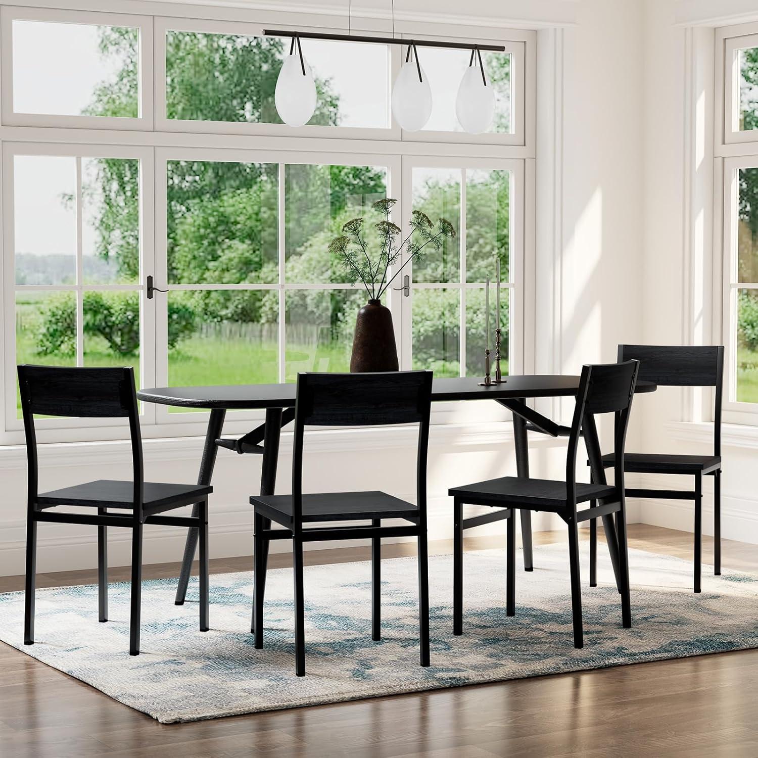 Black Metal and Wood Dining Chairs Set of 4