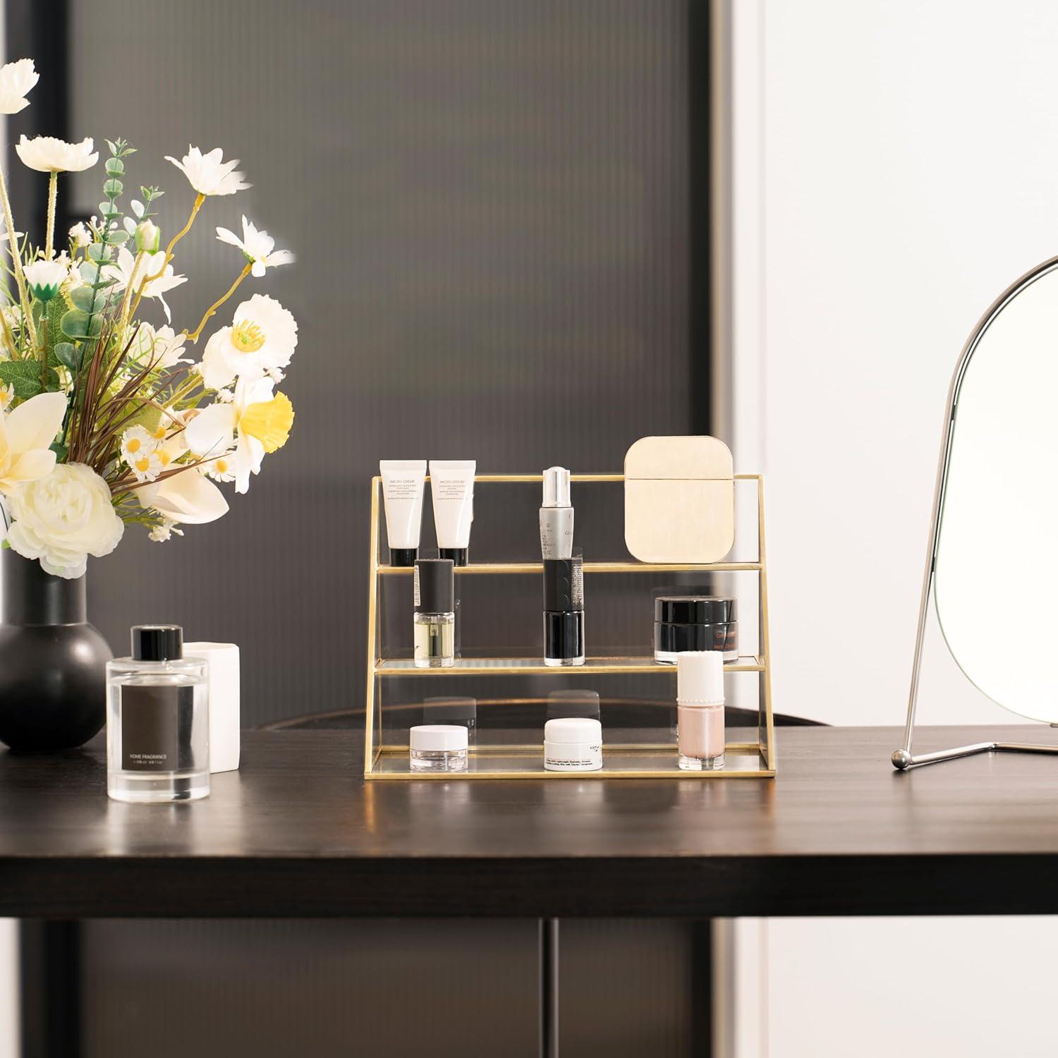 FSyueyun Gold Makeup Organizer Case Vanity, 3 Layers Glass Makeup Storage Cosmetics Organizer Earring Ring Holder Display Case