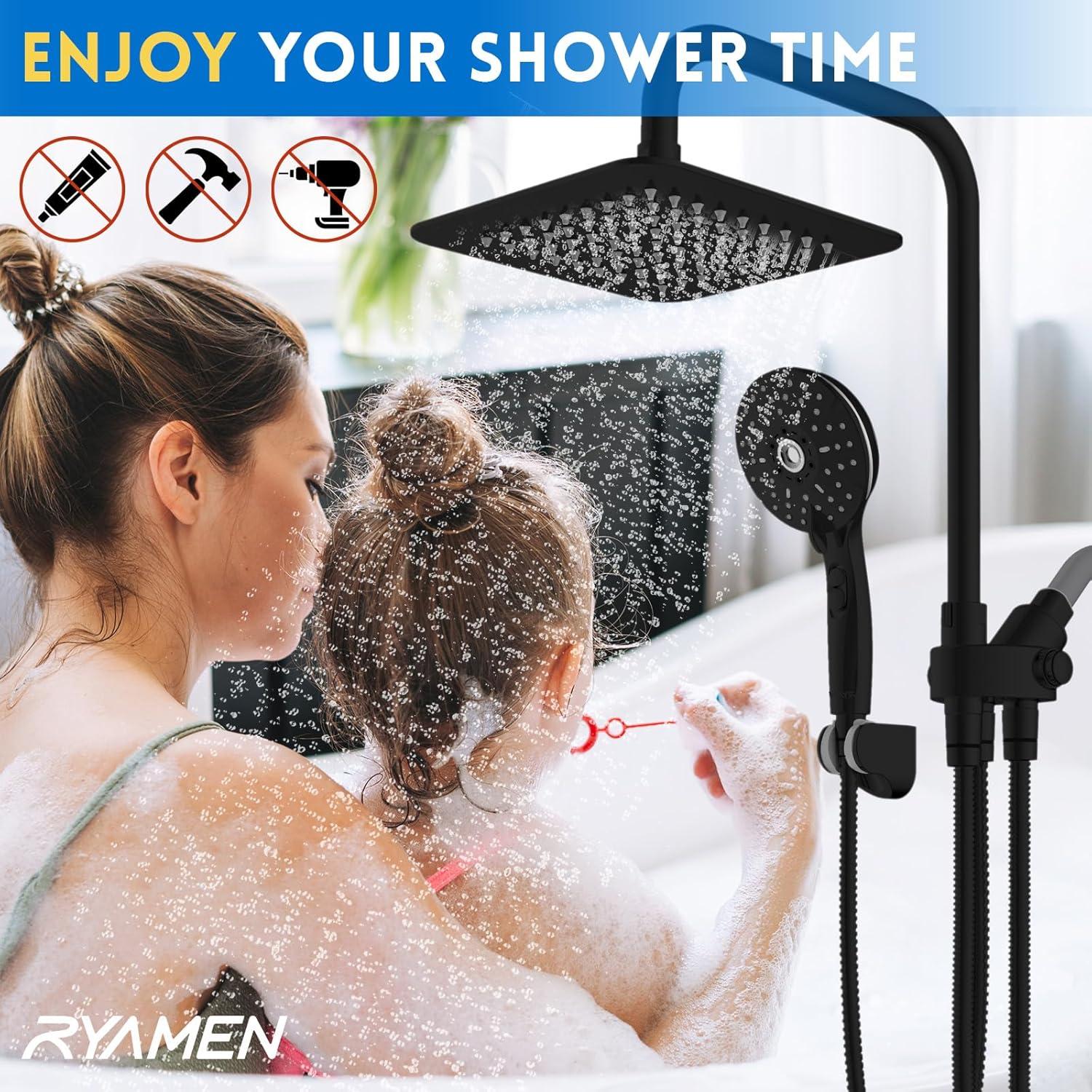 8" Dual Shower Head Combo, Rainfall Shower Head with Handheld, 6 Spray Settings Angle Adjustable Handheld Shower Head with Pause, Height Adjustable, Matte Black