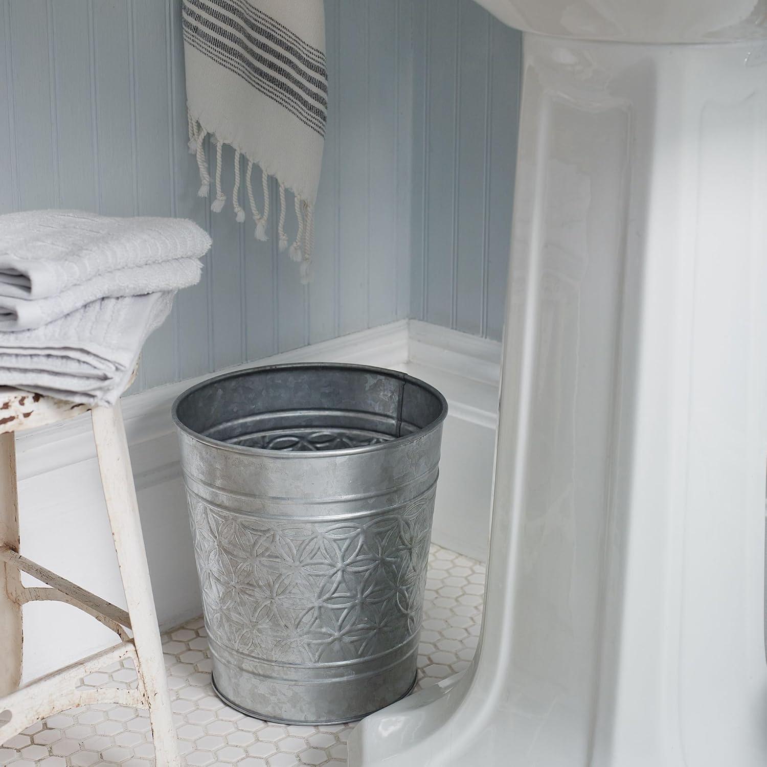 Galvanized Floral Pattern Rustic Metal Waste Basket