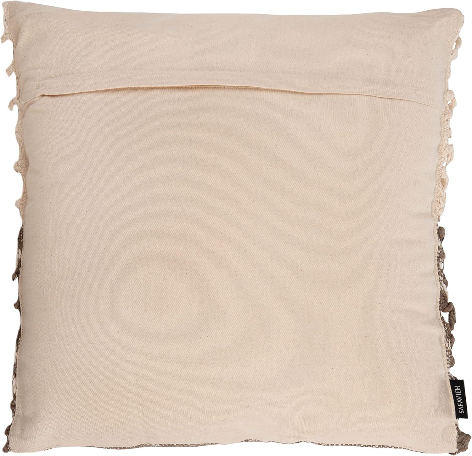 Beige and Grey Cotton Fringed Square Throw Pillow