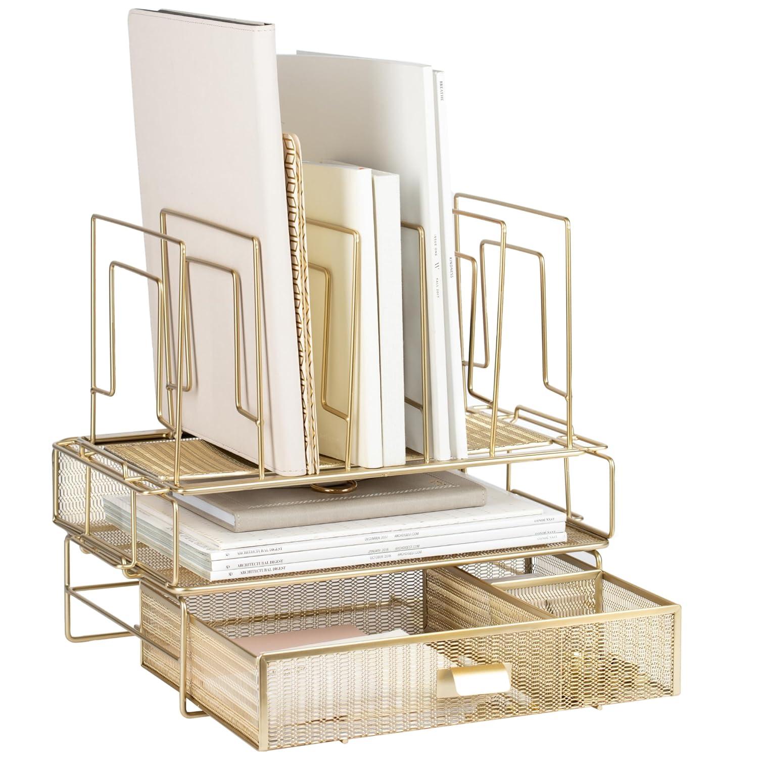 Blu Monaco Gold Desk Organizer - Includes Detachable File Organizer, Stackable Paper Tray & Drawer, Office Supplies for Desk