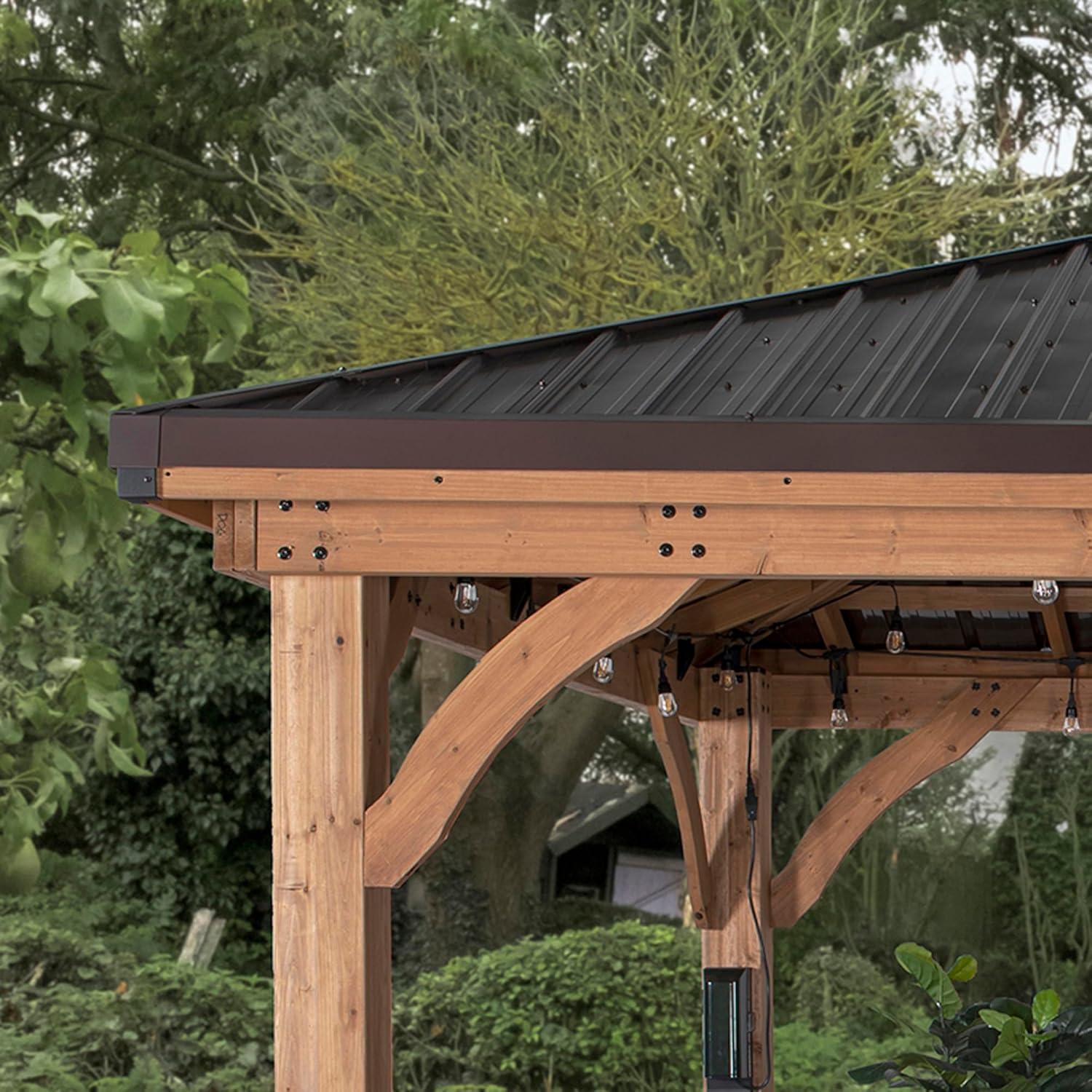 Backyard Discovery Backyard Discovery Barrington 16' x 12' Cedar Wood Outdoor Patio Gazebo with Hardtop Galvanized Steel Hip Roof and PowerPort
