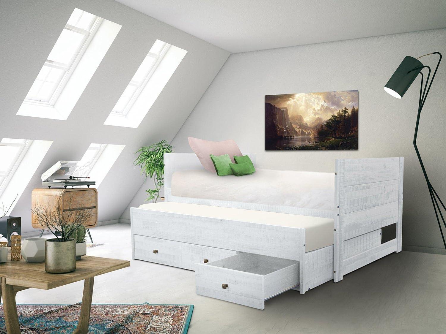 Rustic White Twin Wood Frame Bed with Trundle and Storage Drawers