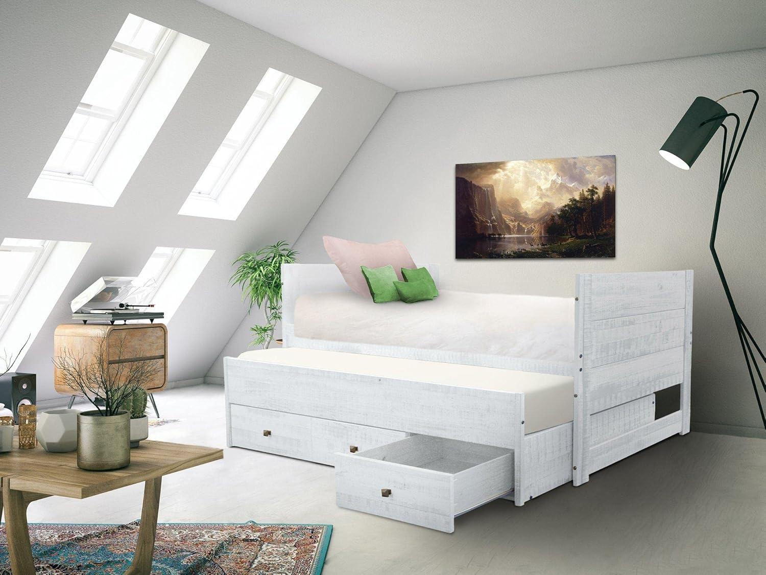 Bedz King Twin Captains Bed with Trundle and 3 Built in Drawers, Rustic White
