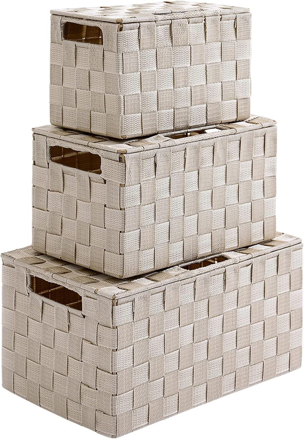 Beige Woven Square Storage Basket Set with Lids