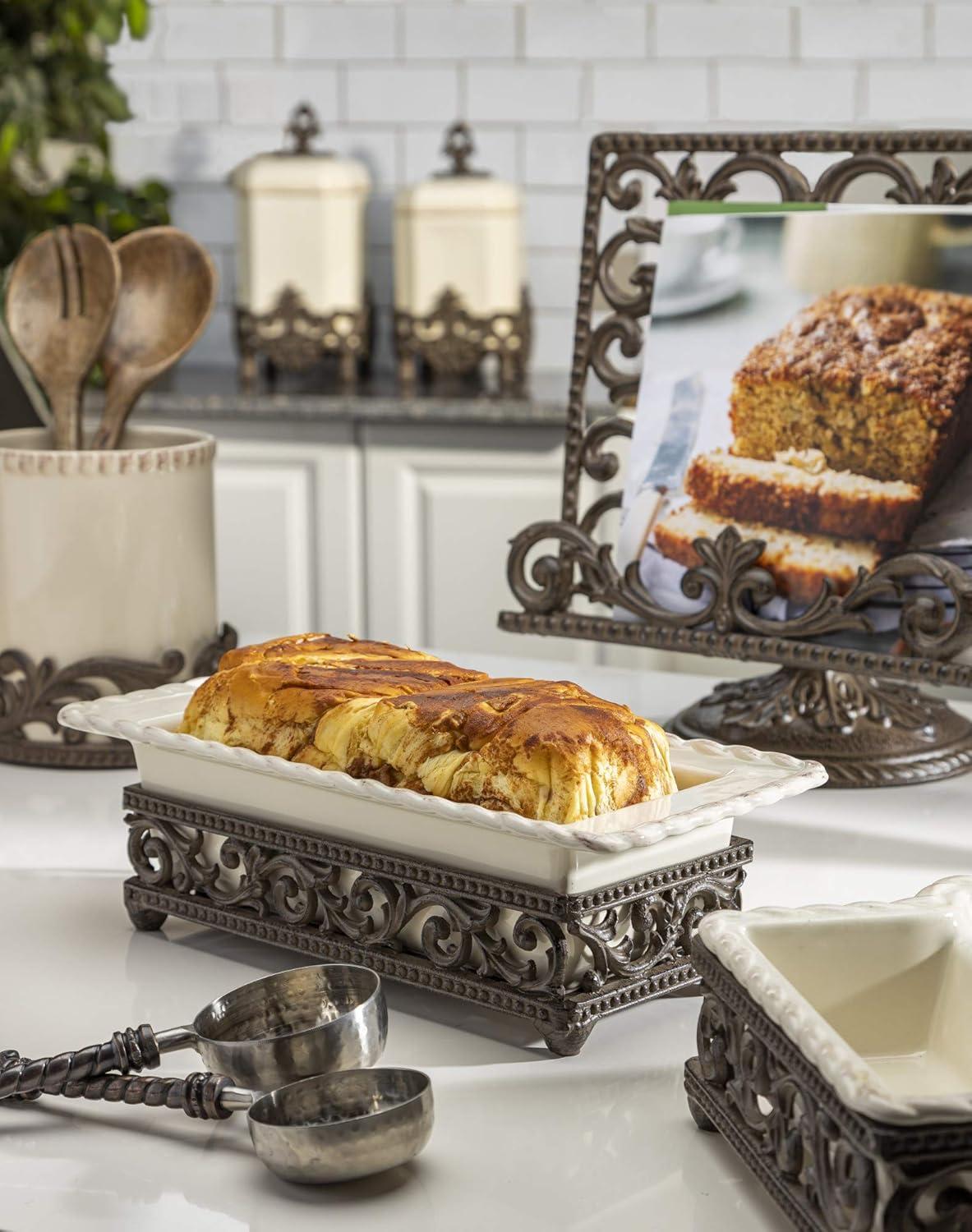 Cream Stoneware Loaf Dish with Metal Base