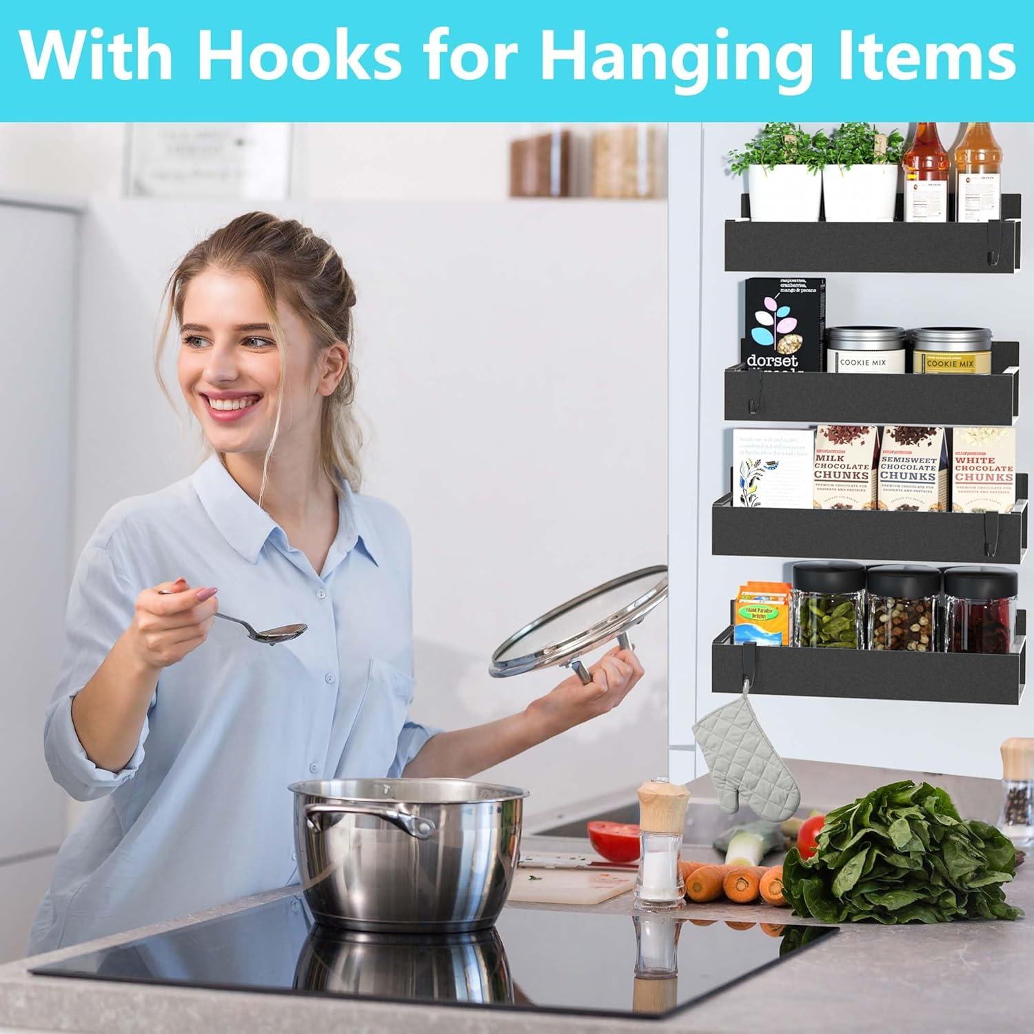 Textiles Hub 4 Pack Magnetic Spice Rack For Refrigerator, Moveable Magnetic Spice Organizer, Black Metal Strong Magnetic Shelf For Fridge And Microwave Oven, Space Saving For Kitchen