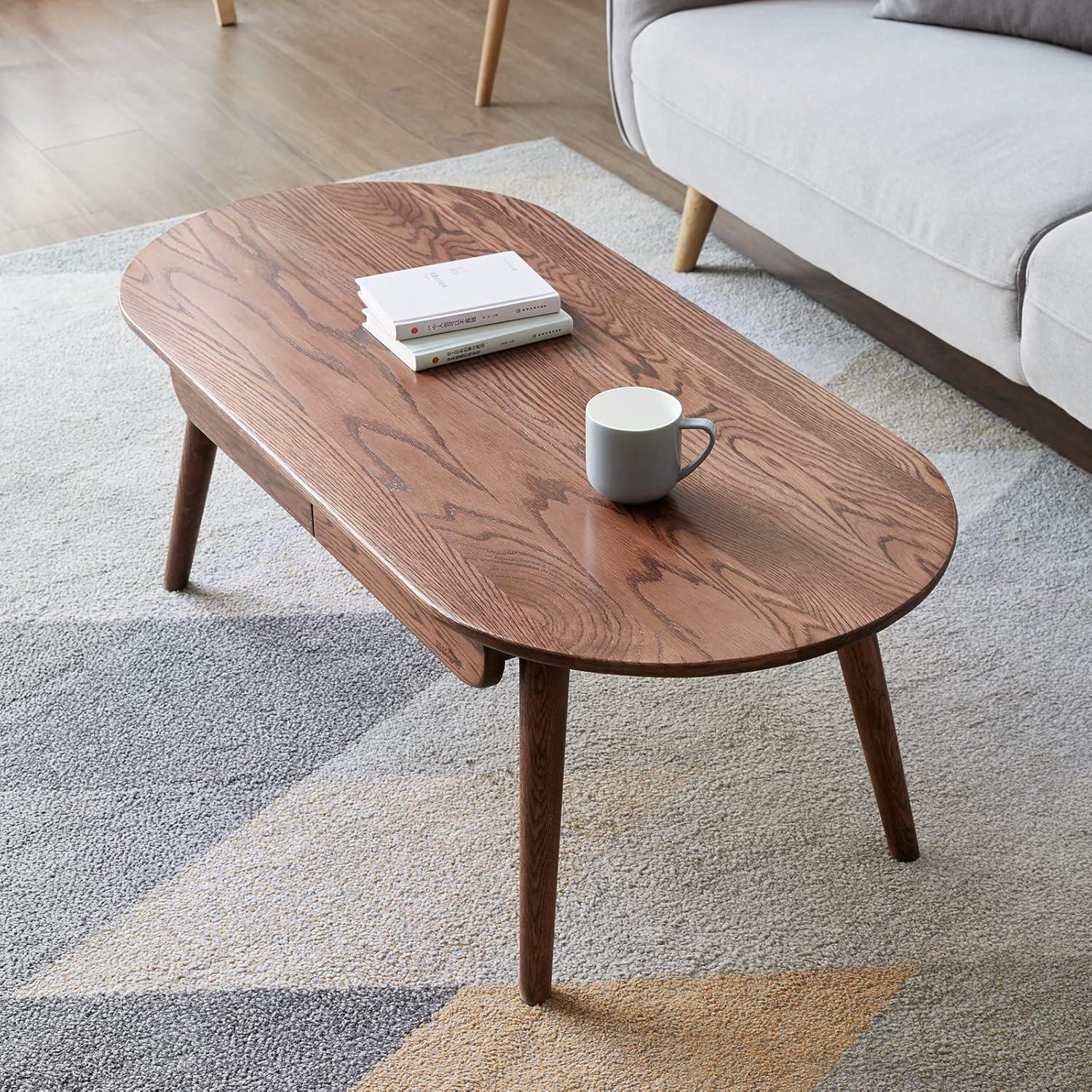 47'' Natural Oak Oval Coffee Table with Storage Drawers