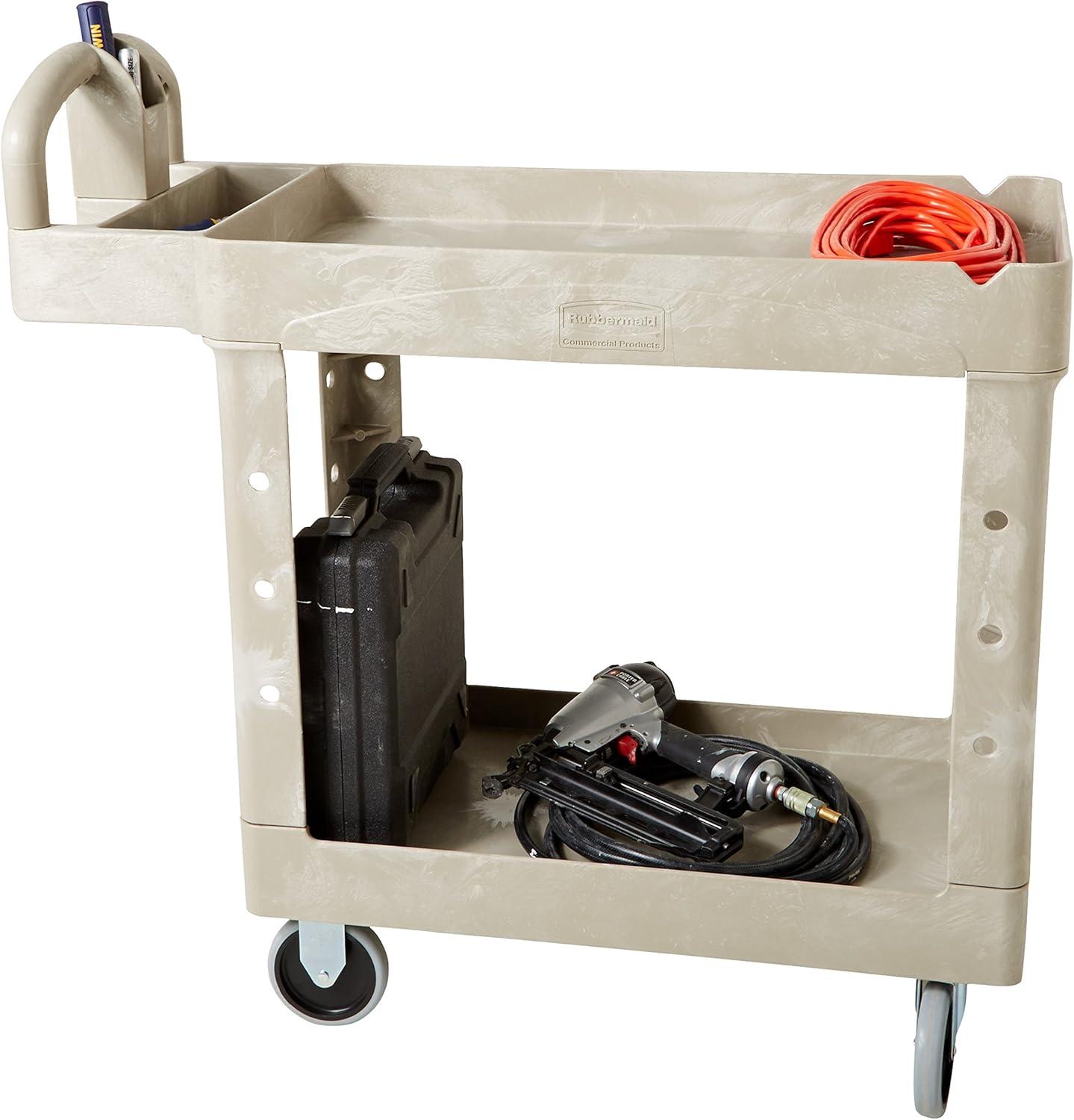 Beige Heavy-Duty 2-Shelf Plastic Utility Trolley with Ergonomic Handles