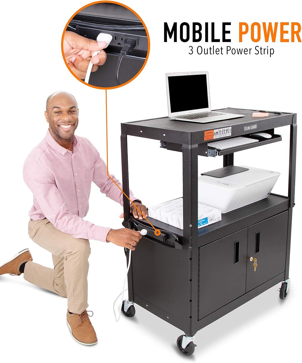 Black Adjustable Height AV Cart with Locking Cabinet and Keyboard Tray