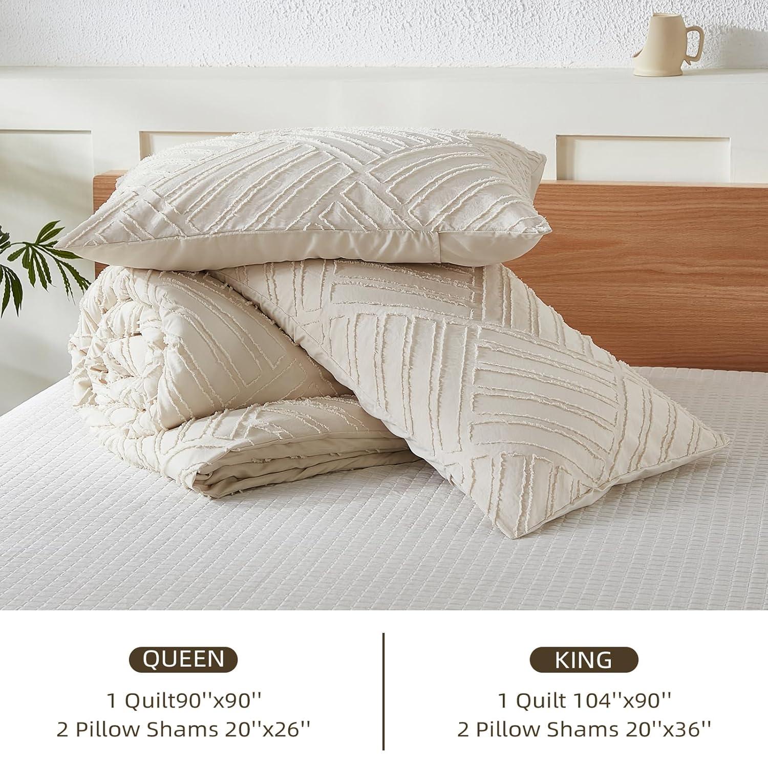 DJY Beige Comforter Set Queen Size, 3 Pieces Tufted Boho Comforter Shabby Chic Bedding Sets, Lightweight Fluffy Comforter Set Queen for All Season (1 Comforter and 2 Pillowcases, 90x90In)