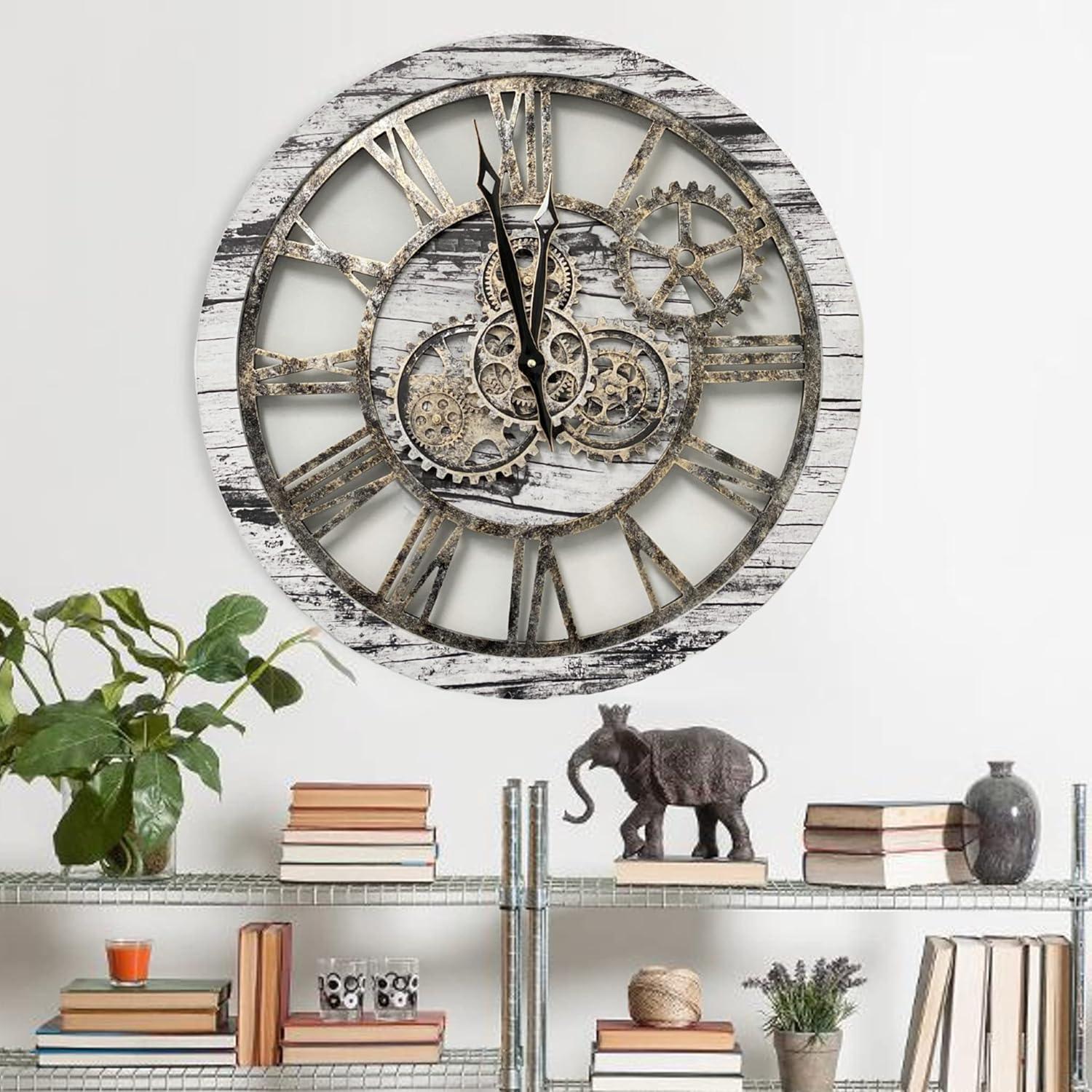 THE GEARS CLOCK Wall Clock with Real Moving Gears AM-LI_ 24 in Round Grey-White