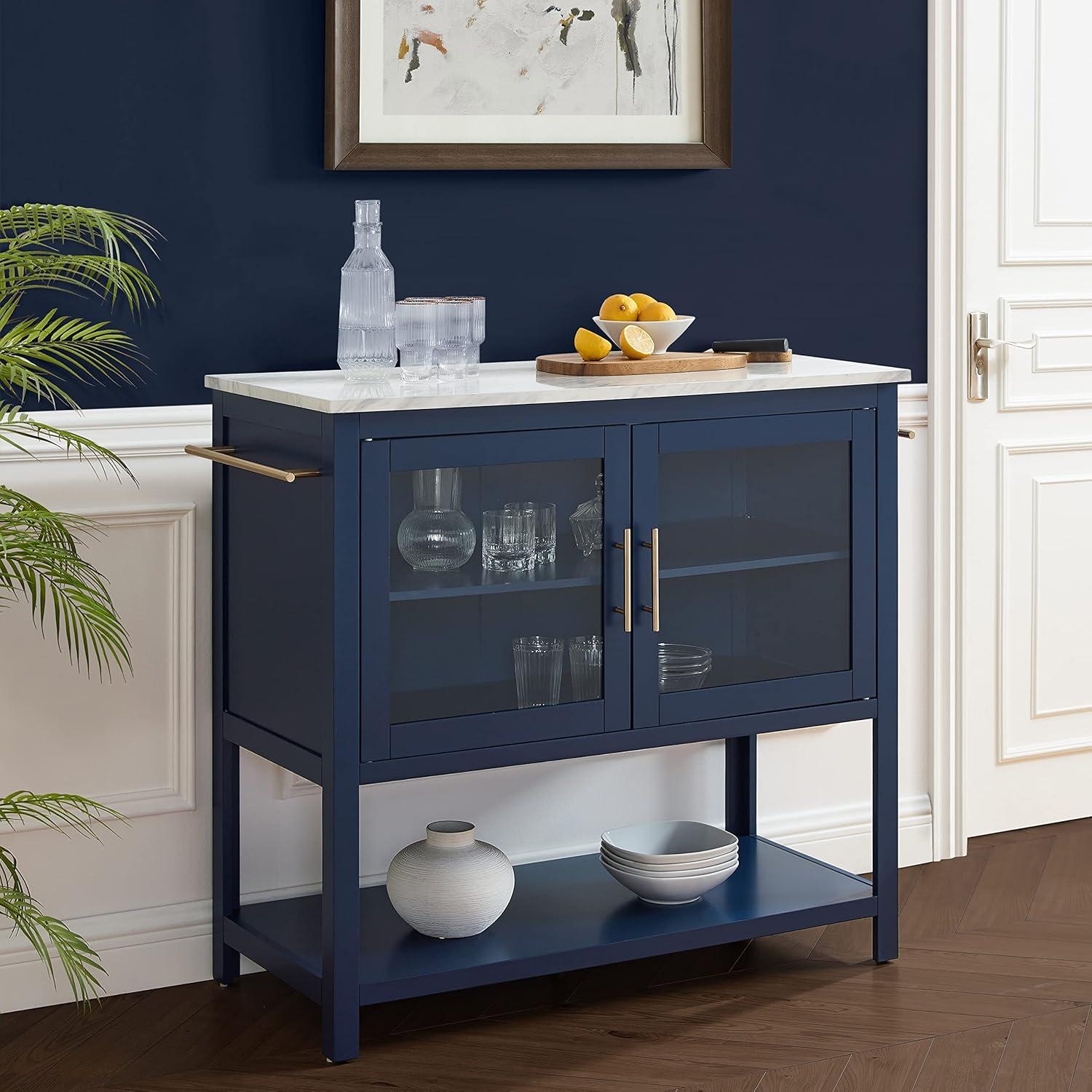 Katrina Kitchen Island Navy/White Marble - Crosley: Faux Marble Top, Glass Doors, Towel Bars