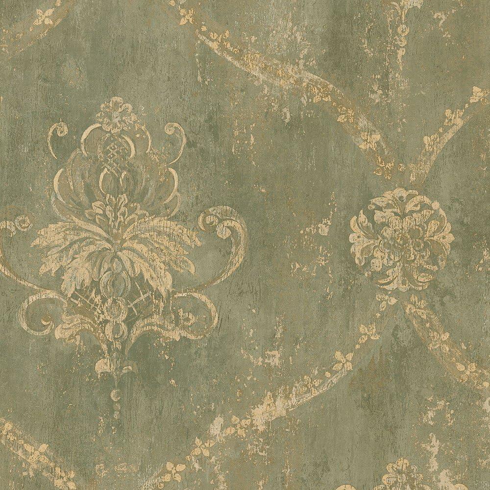 Green and Beige Embossed Damask Pre-pasted Wallpaper