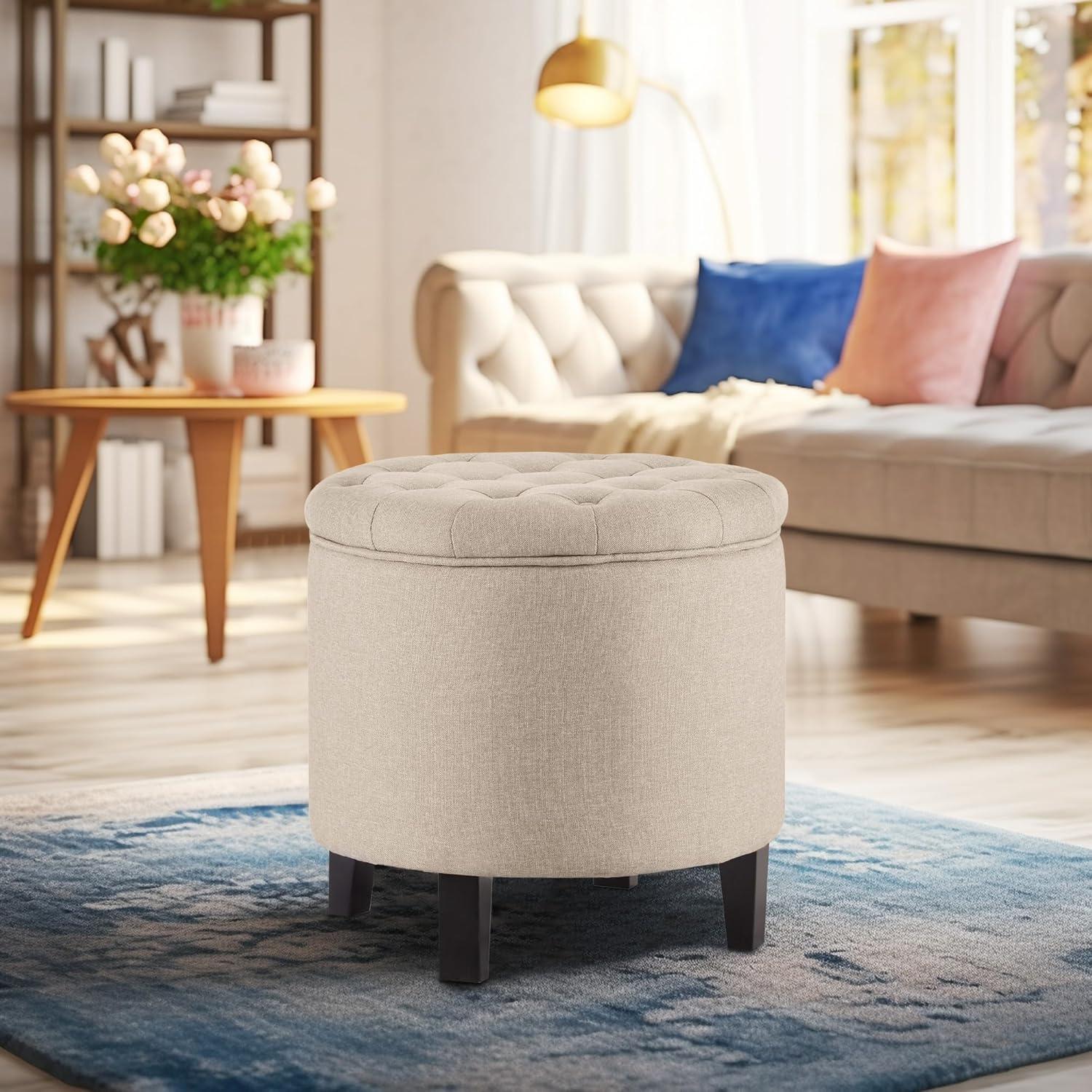 Belleze Nailhead Round Tufted Storage Ottoman Large Footrest Stool Coffee Table Lift Top, Blue