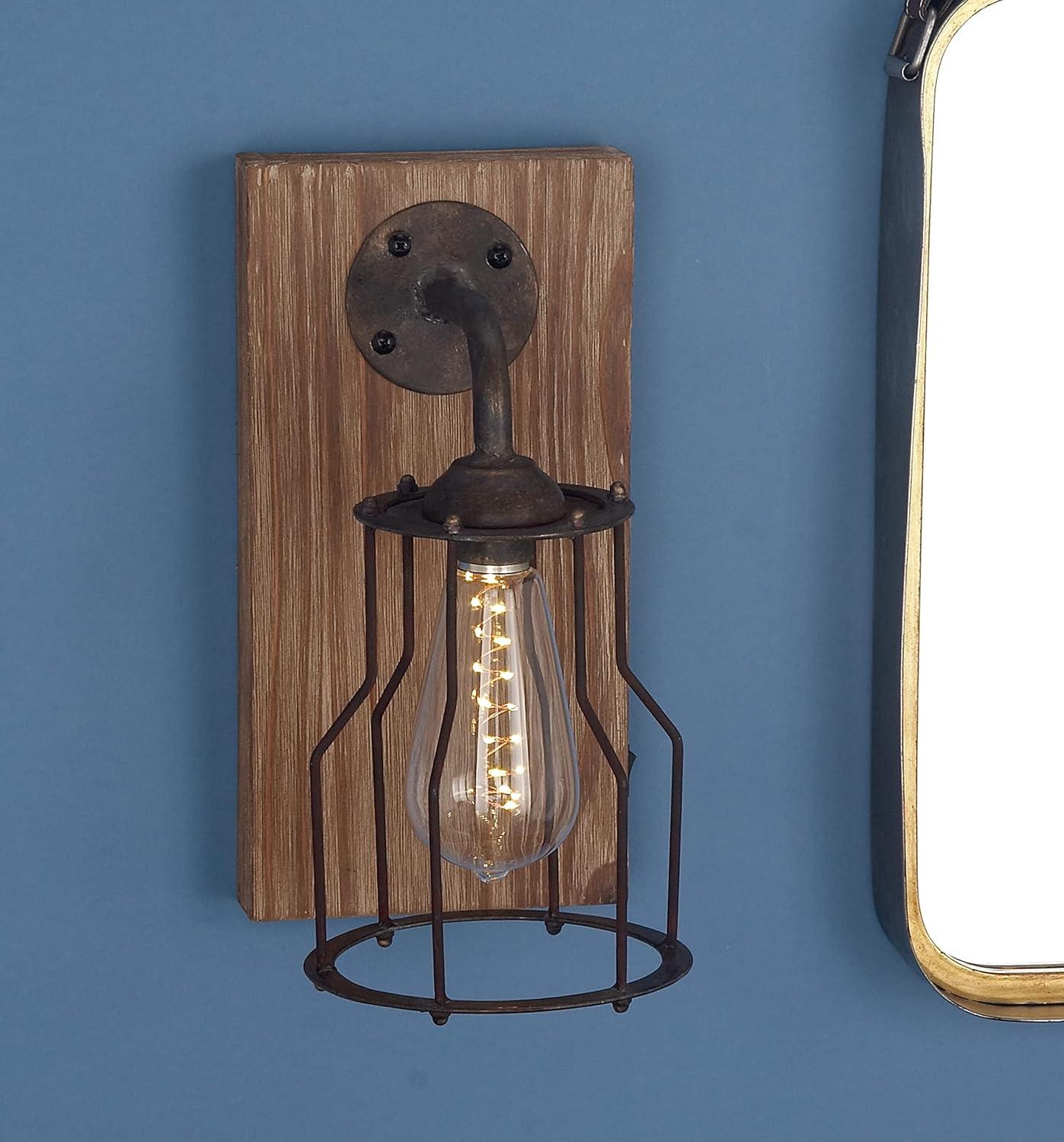 DecMode Industrial Metal Wall Sconce with Wood Backplate and Iron Cage, 6"W x 11"H Features Rustic Brown Finish