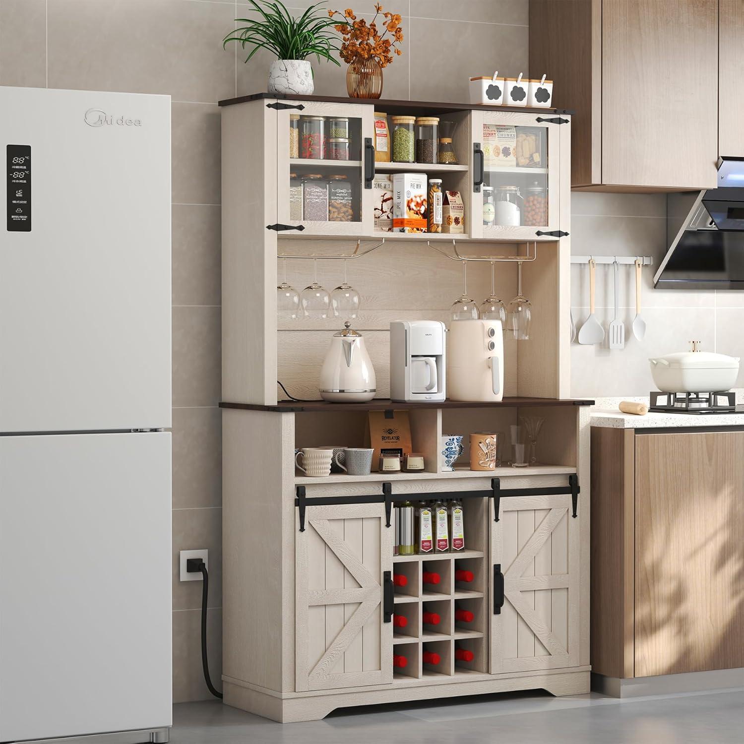 Gracie Oaks Coffee Bar Cabinet with Sliding Barn Door, Buffet Cabinet with Hutch, Kitchen Pantry Cabinet with Power Outlet & Lighting, Tall Liquor Chest for Home Dining Room, White