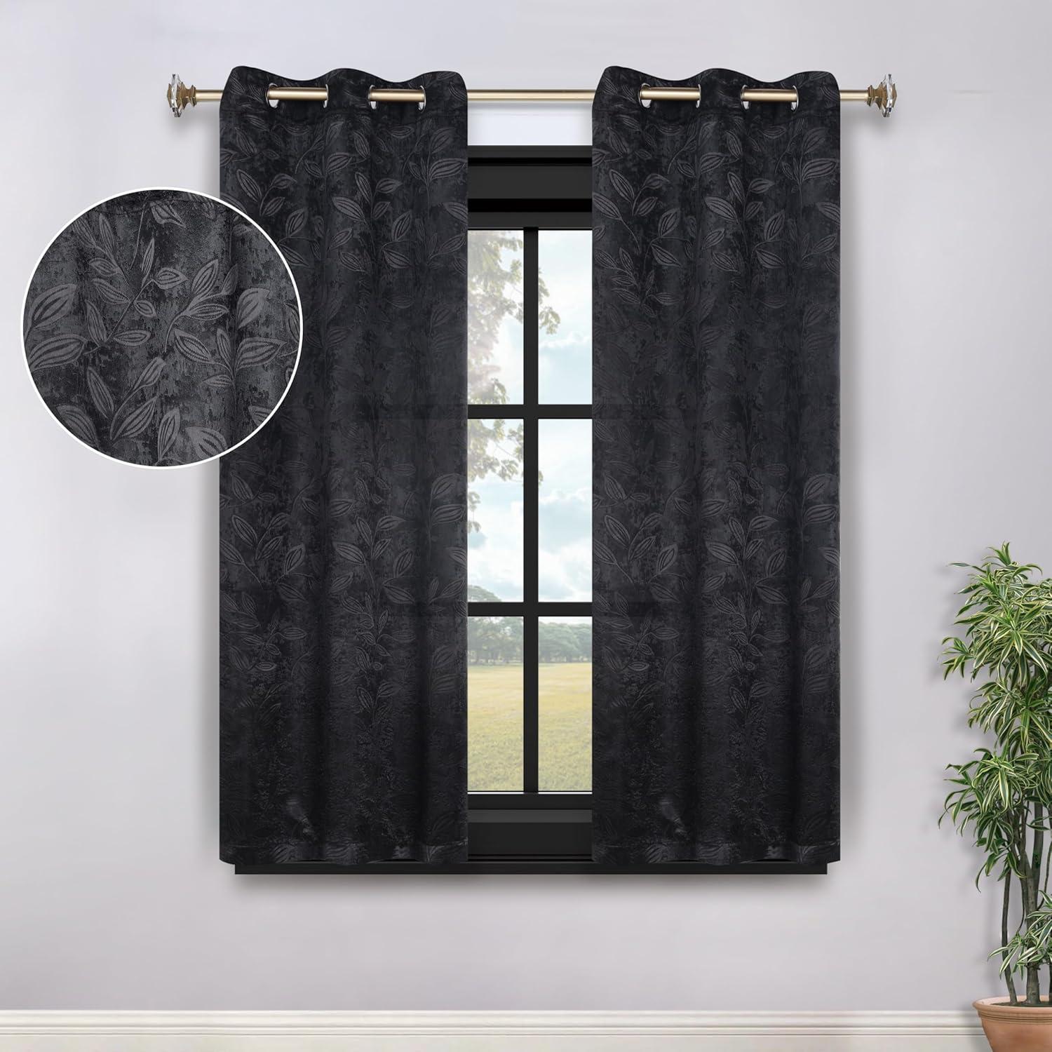 Superior Blackout Leaves Light Filtering Grommet Curtain Panel Set, 42"x63", Black