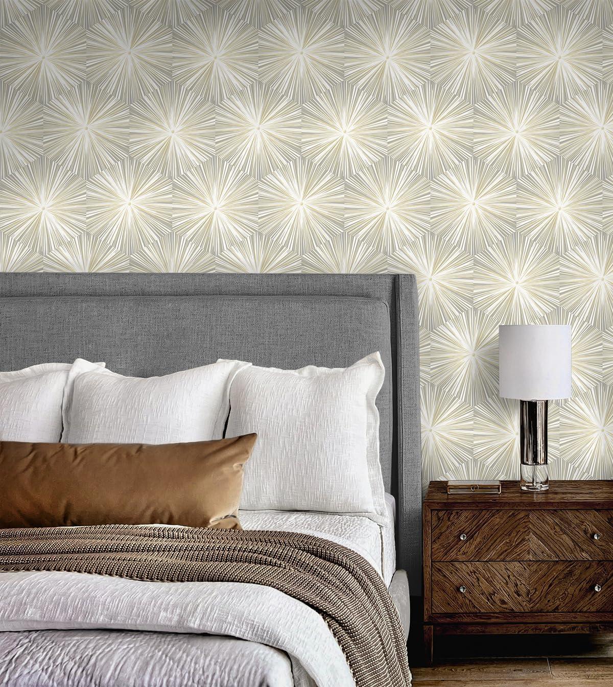 NextWall Grey & Metallic Gold Hex Starburst Peel and Stick Wallpaper