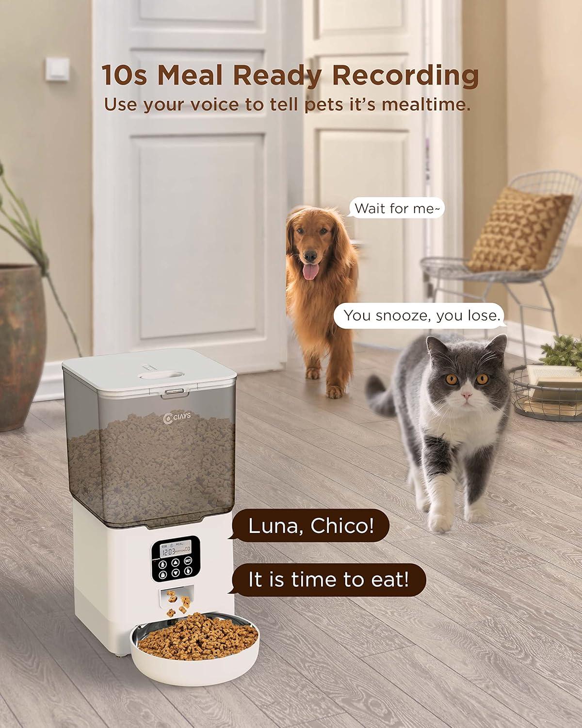 Ciays Automatic Cat Feeder, 5.6L, Control 4 Meals Per Day, Pet Dry Food Dispenser, Dual Power Supply & Voice Recorder, White C49