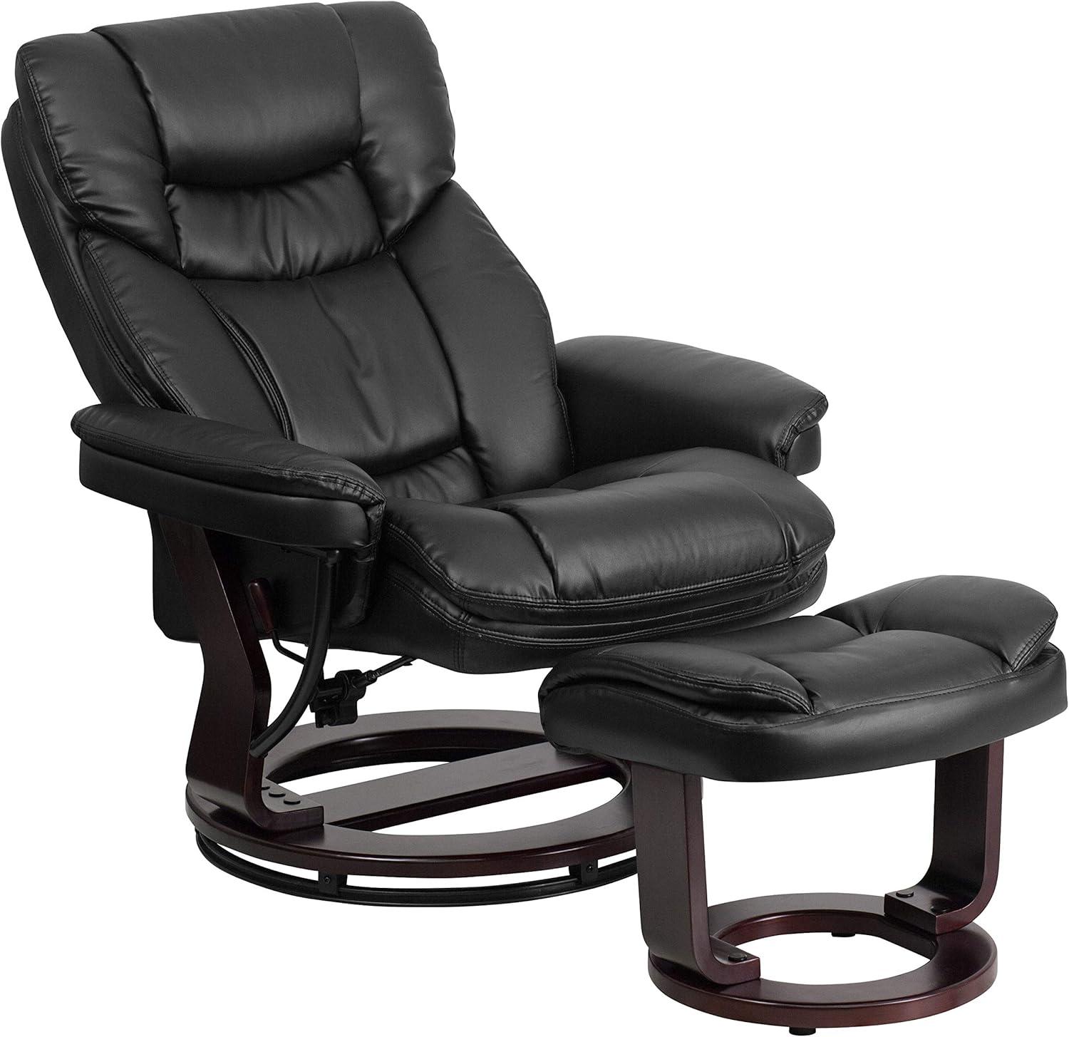 Flash Furniture Contemporary Multi-Position Recliner and Curved Ottoman with Swivel Mahogany Wood Base in Black LeatherSoft