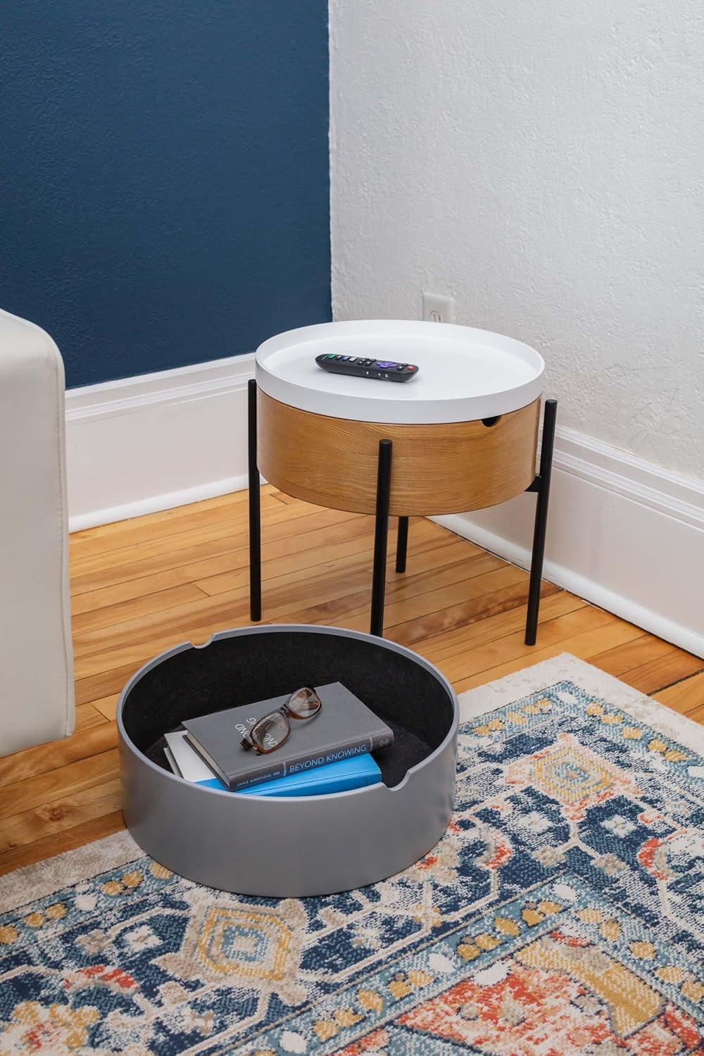 Round White and Wood End Table with Black Metal Legs