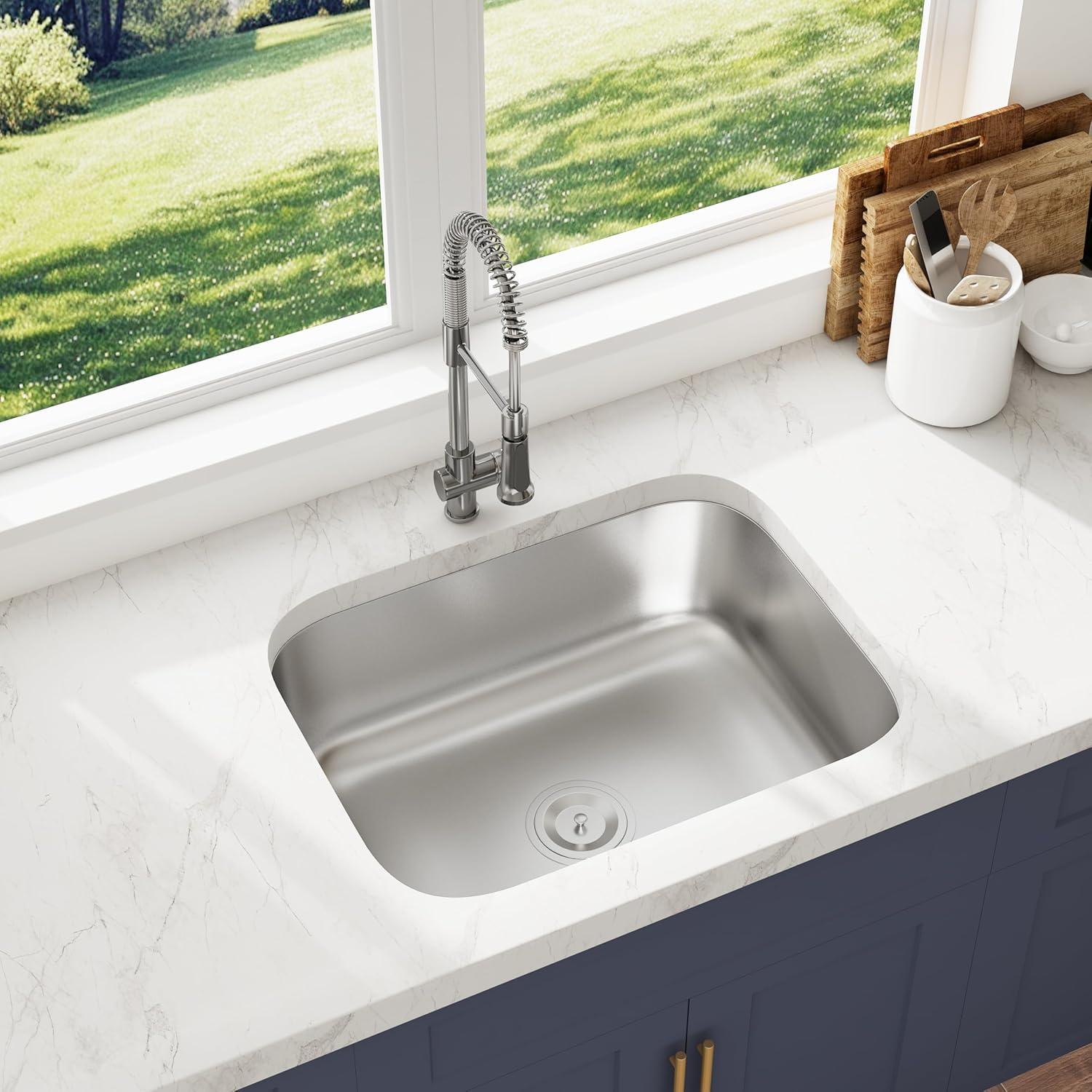 Blenzia 23 Inch Curved Undermount Kitchen Sink 304 Stainless Steel 18 Gauge Single Bowl Sink 23" x 18" x 9"