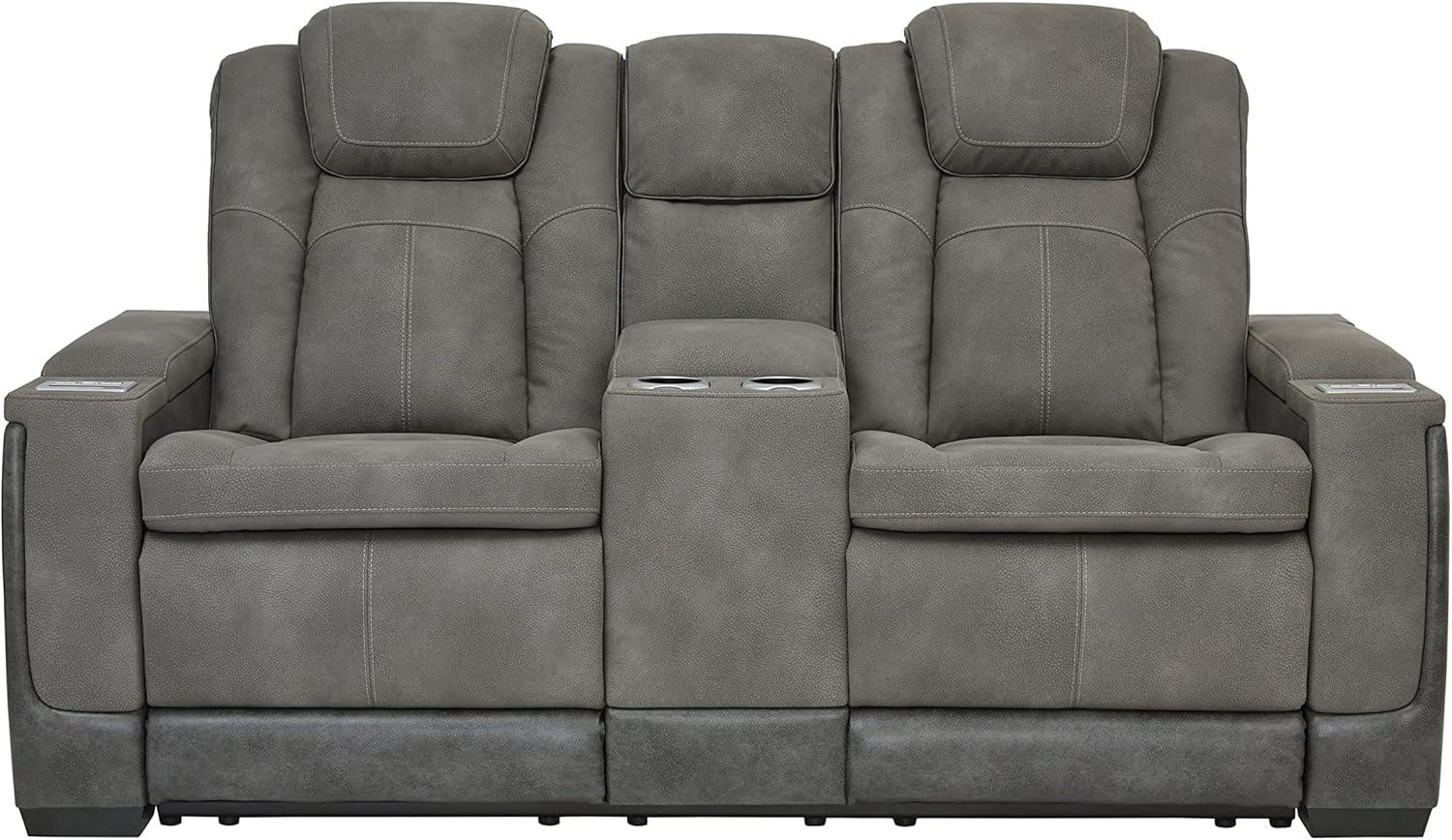 Gray Faux Leather Power Reclining Loveseat with Storage and Cup Holder