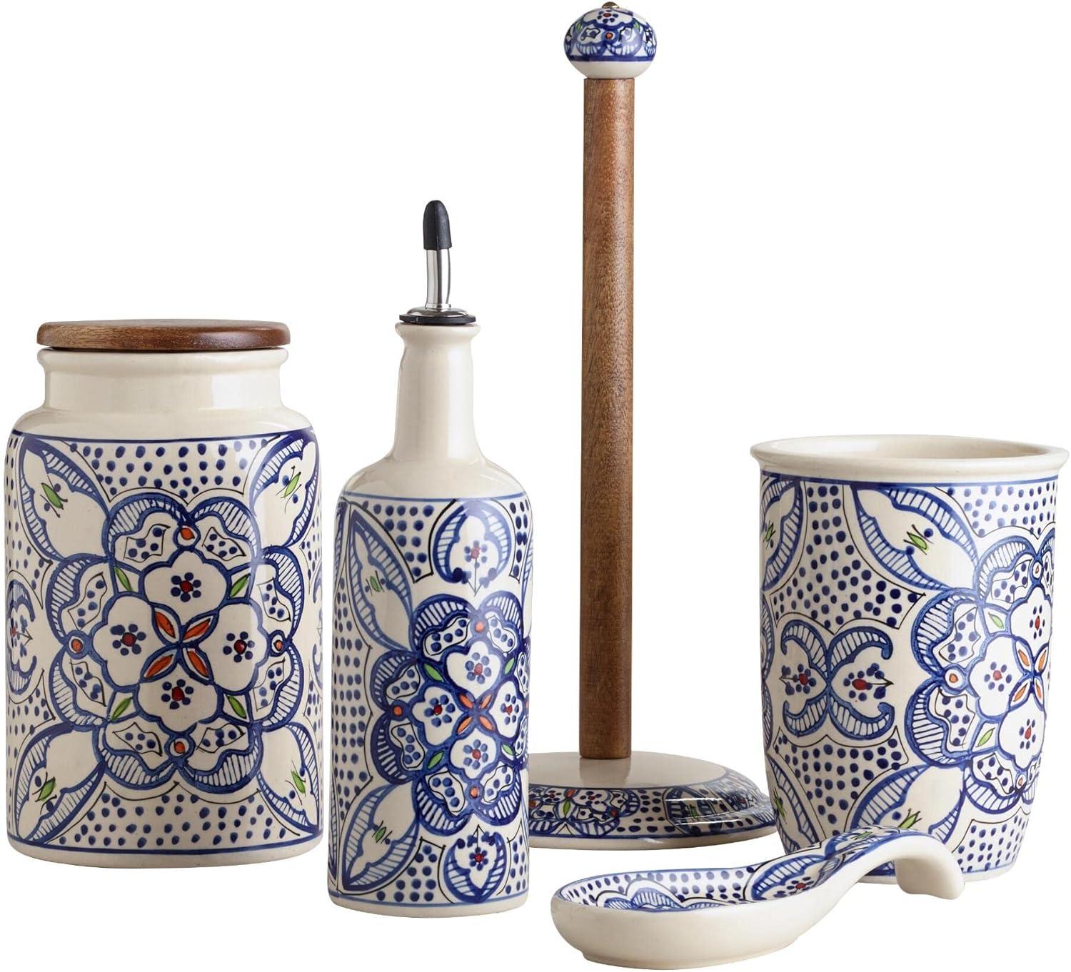 Handcrafted Blue and White Ceramic and Wood Paper Towel Holder