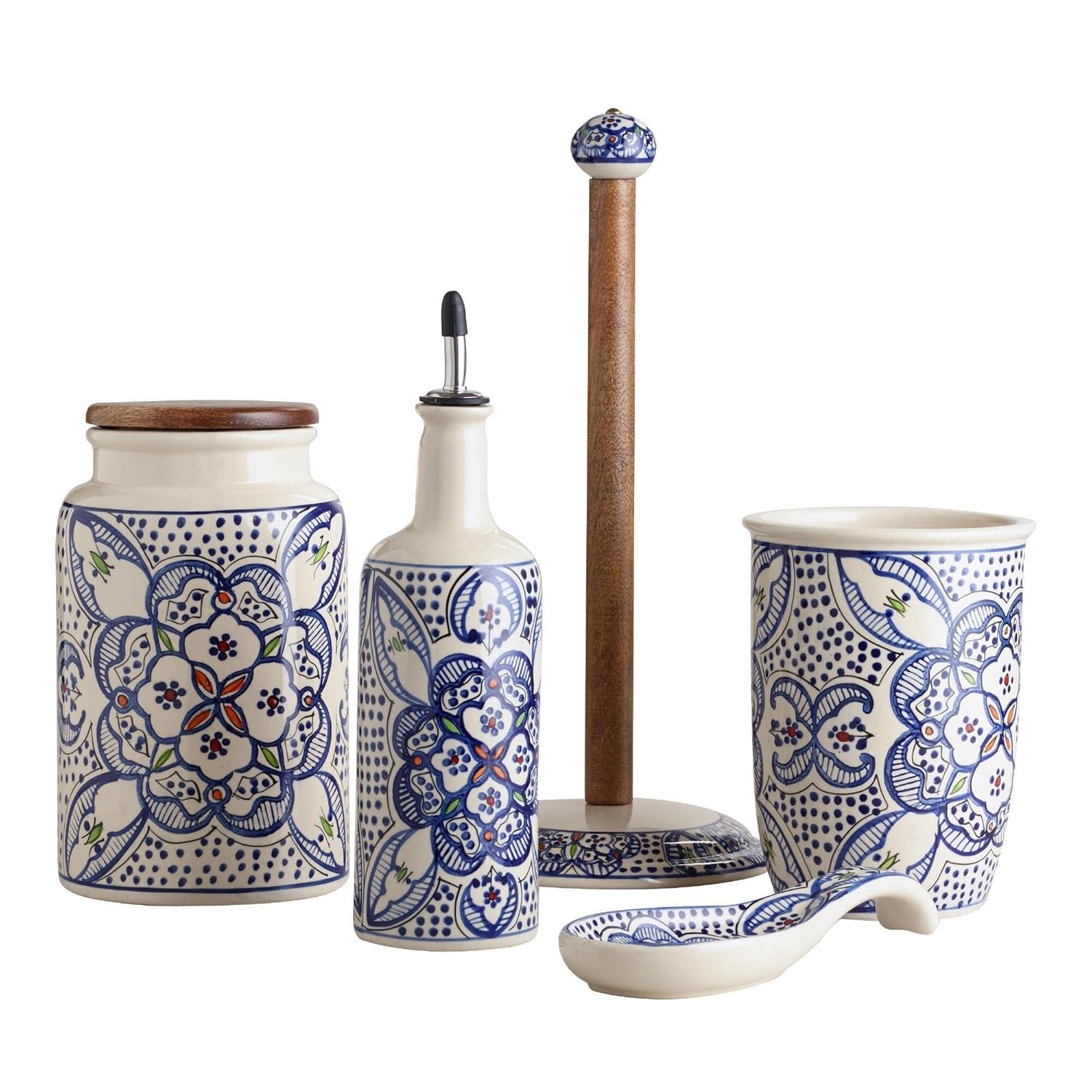 Handcrafted Blue and White Ceramic and Wood Paper Towel Holder